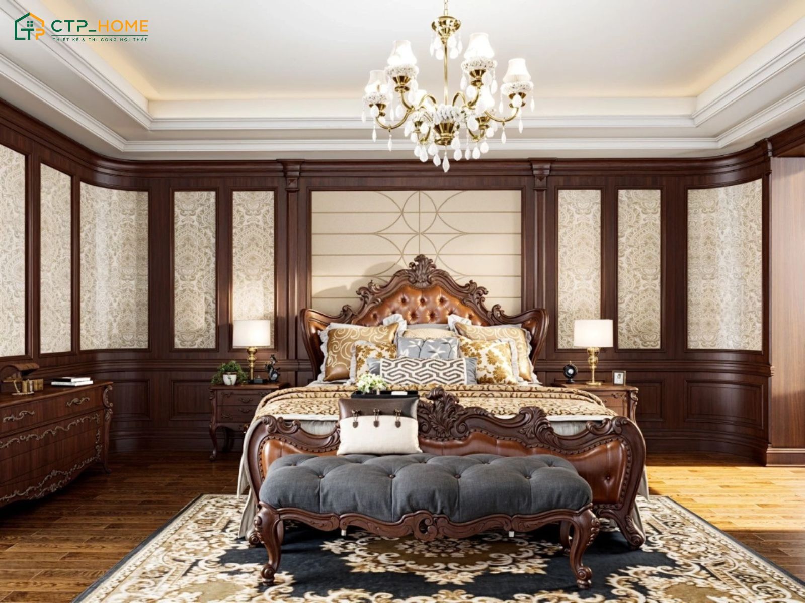 Mẫu thiết kế nội thất phòng ngủ phong cách tân cổ điển với chất liệu gỗ tự nhiên đồng bộ