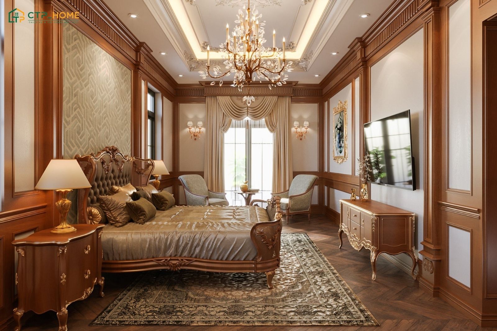 Phong cách tân cổ điển khi kết hợp cùng nội thất gỗ tự nhiên sẽ đem lại vẻ đẹp bền bỉ theo thời gian