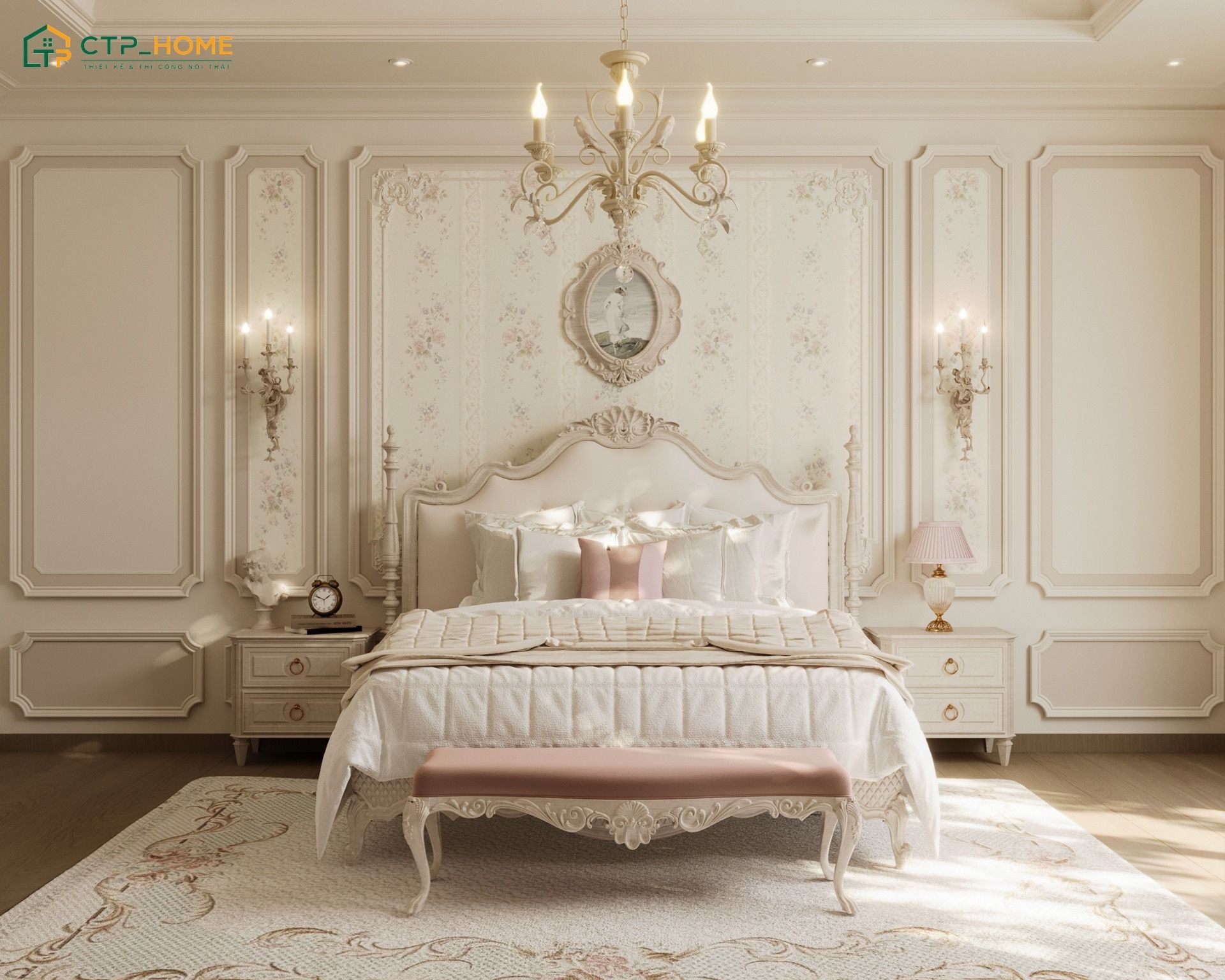 Mẫu thiết kế nội thất phòng ngủ cổ điển sẽ tạo điểm nhấn bằng cách sử dụng tranh nghệ thuật cỡ nhỏ