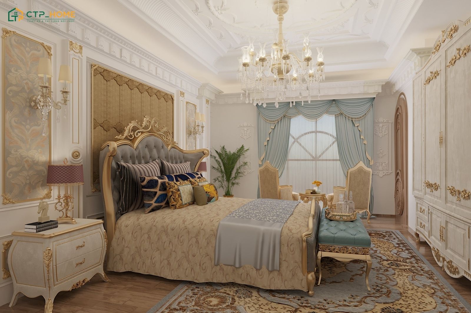 Phong cách tân cổ điển sẽ sử dụng đèn chùm và trần đắp nổi để tạo vẻ đẹp quý phái cho phòng ngủ