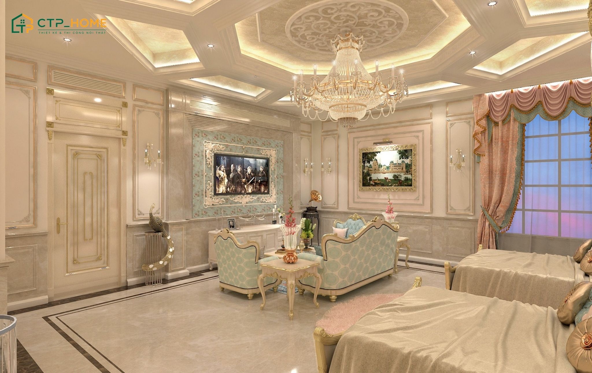 Mẫu thiết kế phòng ngủ phong cách tân cổ điển với trần giật cấp giúp tạo nên nét đẹp nguy nga và lộng lẫy