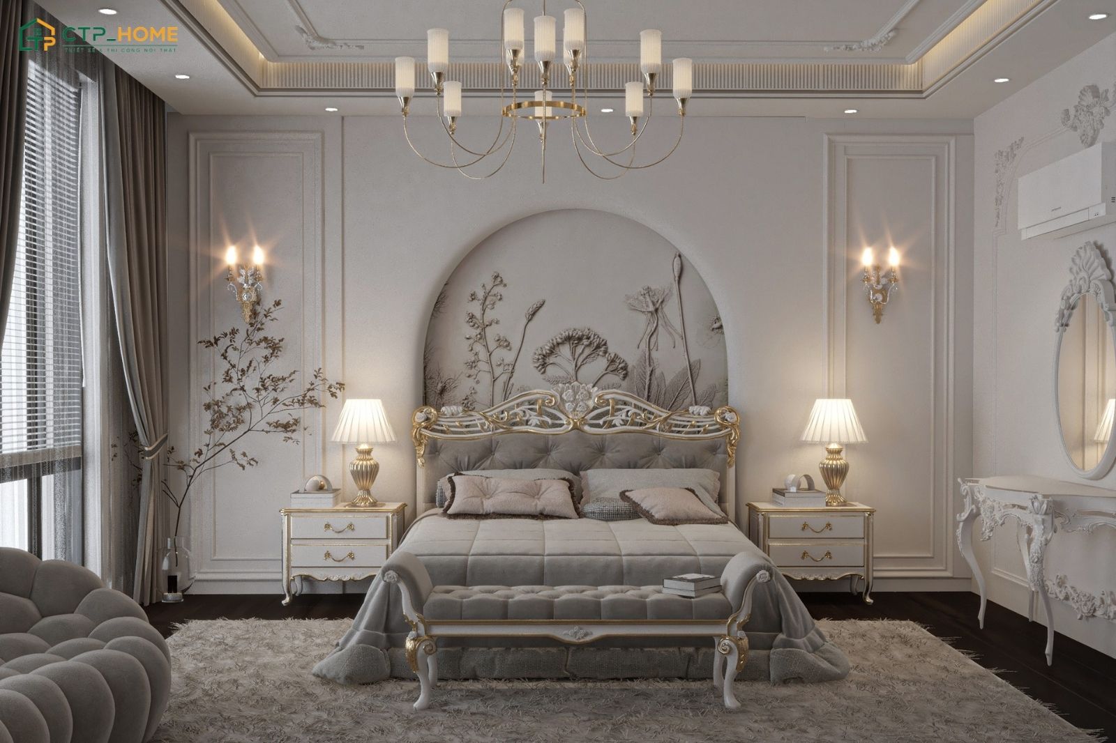 Phong cách tân cổ điển gây ấn tượng mạnh với các họa tiết đầu giường được chạm khắc tỉ mỉ