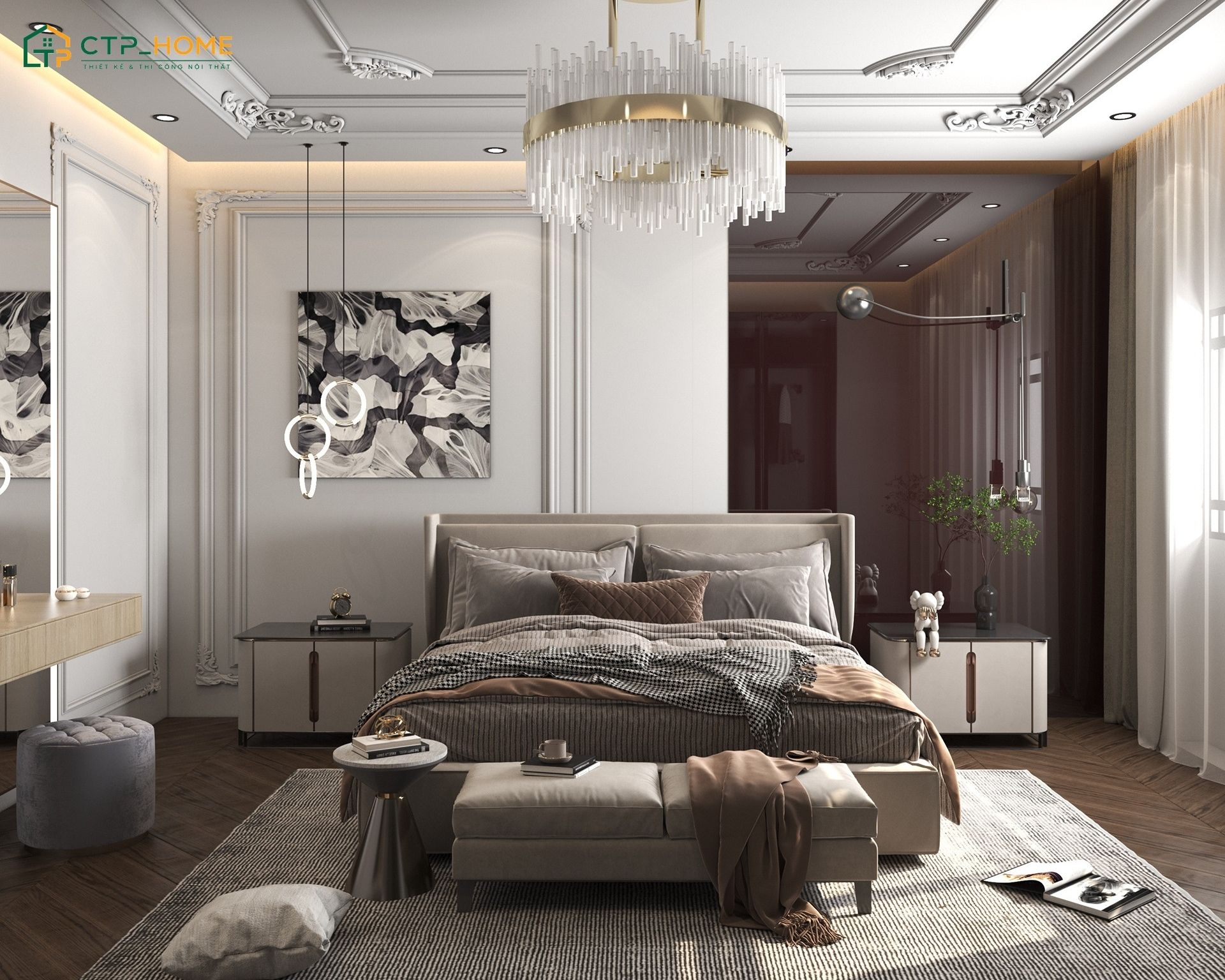 Mẫu phòng ngủ phong cách tân cổ điển dùng tranh trừu tượng kết hợp đèn thả trần kiểu dáng hiện đại