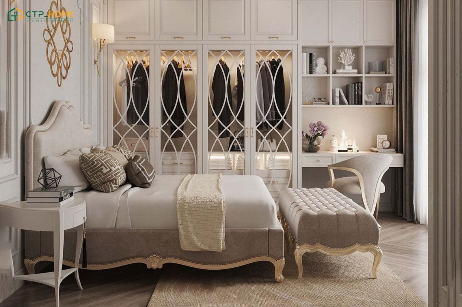 Tủ quần áo trong phòng ngủ tân cổ điển sẽ được thiết kế linh hoạt tùy vào diện tích và nhu cầu sử dụng