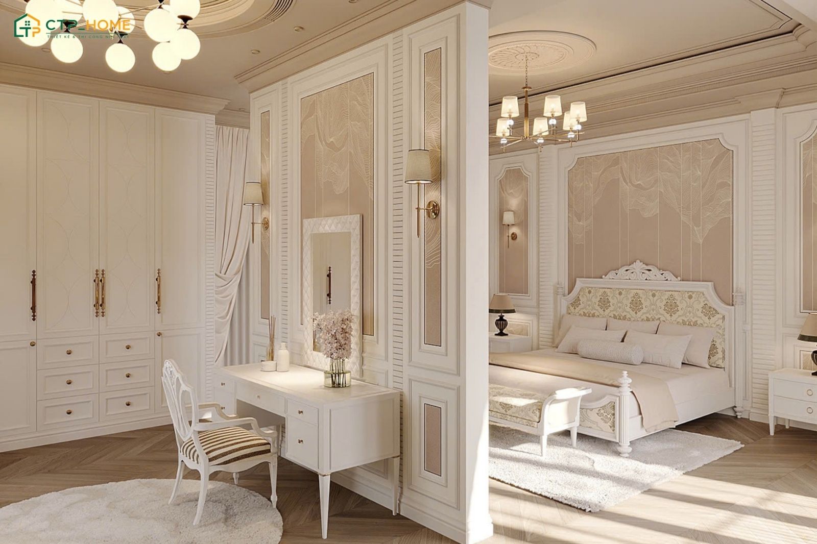 Khi thiết kế phòng ngủ phong cách cổ điển thì phải đảm bảo sự hài hòa giữa ánh sáng tự nhiên và nhân tạo