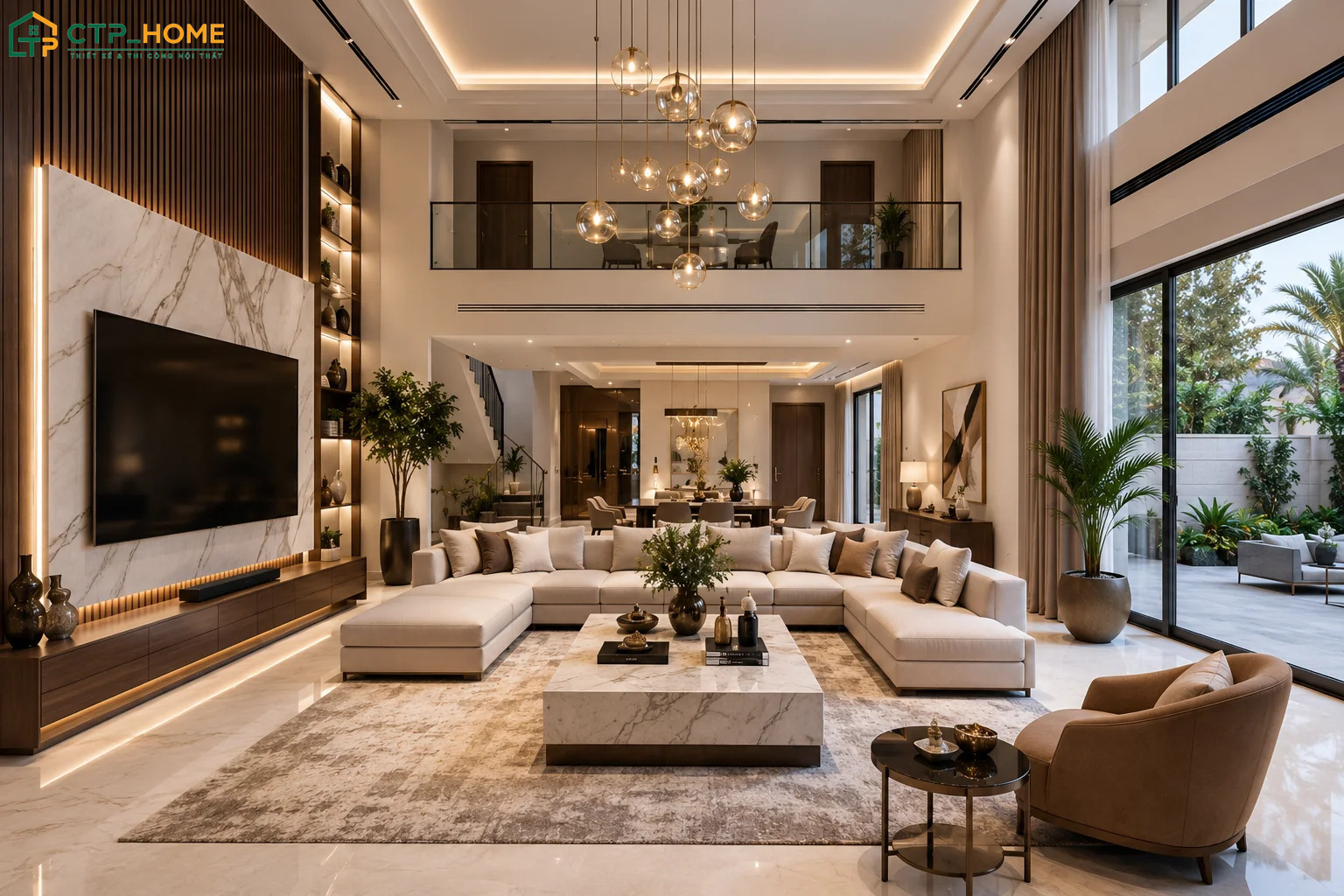 Các khu vực cầu thang, lan can trong biệt thự thông tầng cần được thiết kế chắc chắn để đảm bảo an toàn