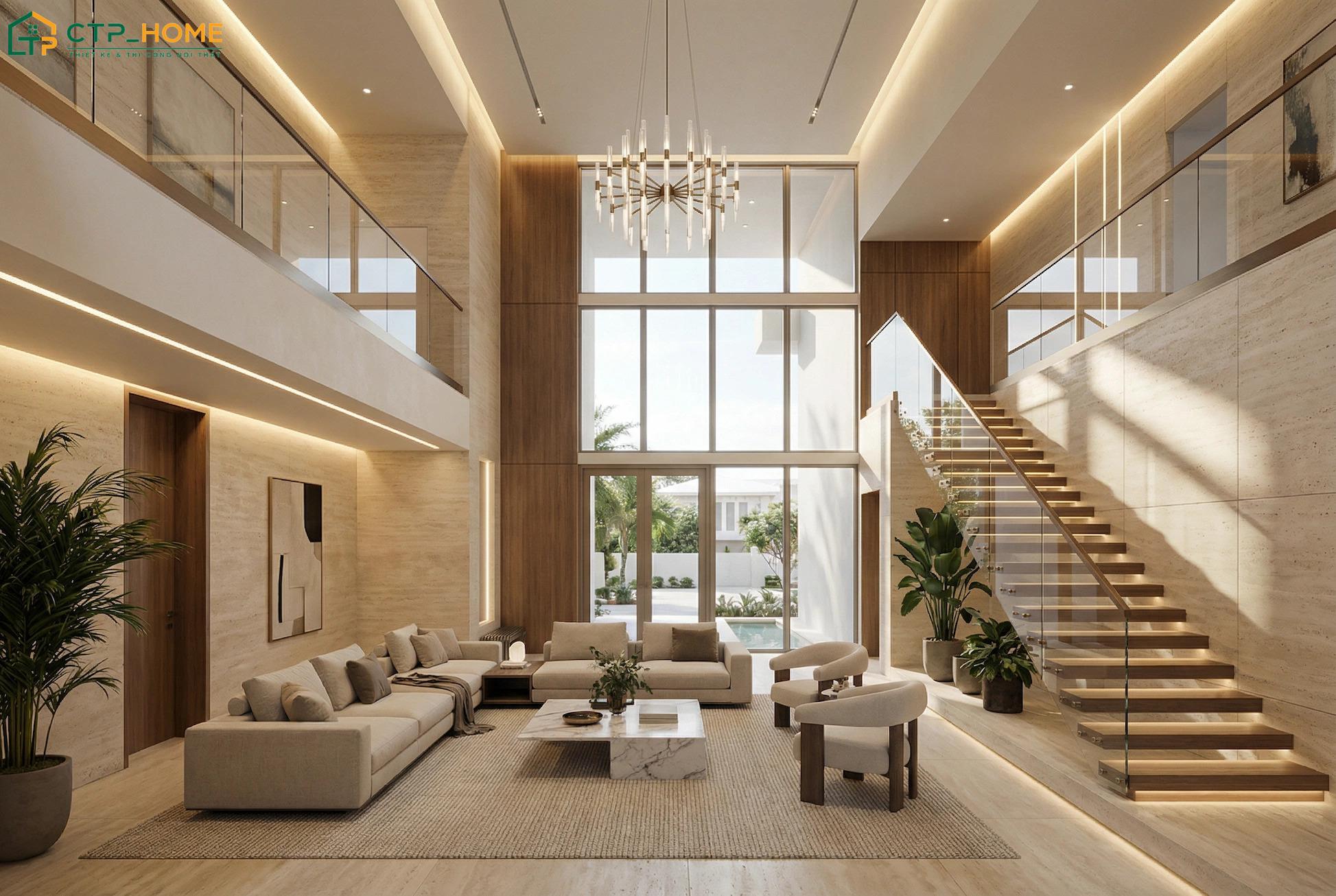 Mẫu thiết kế nội thất biệt thự thông tầng hiện đại nổi bật với hệ đèn thả tinh tế giúp tạo điểm nhấn cho không gian