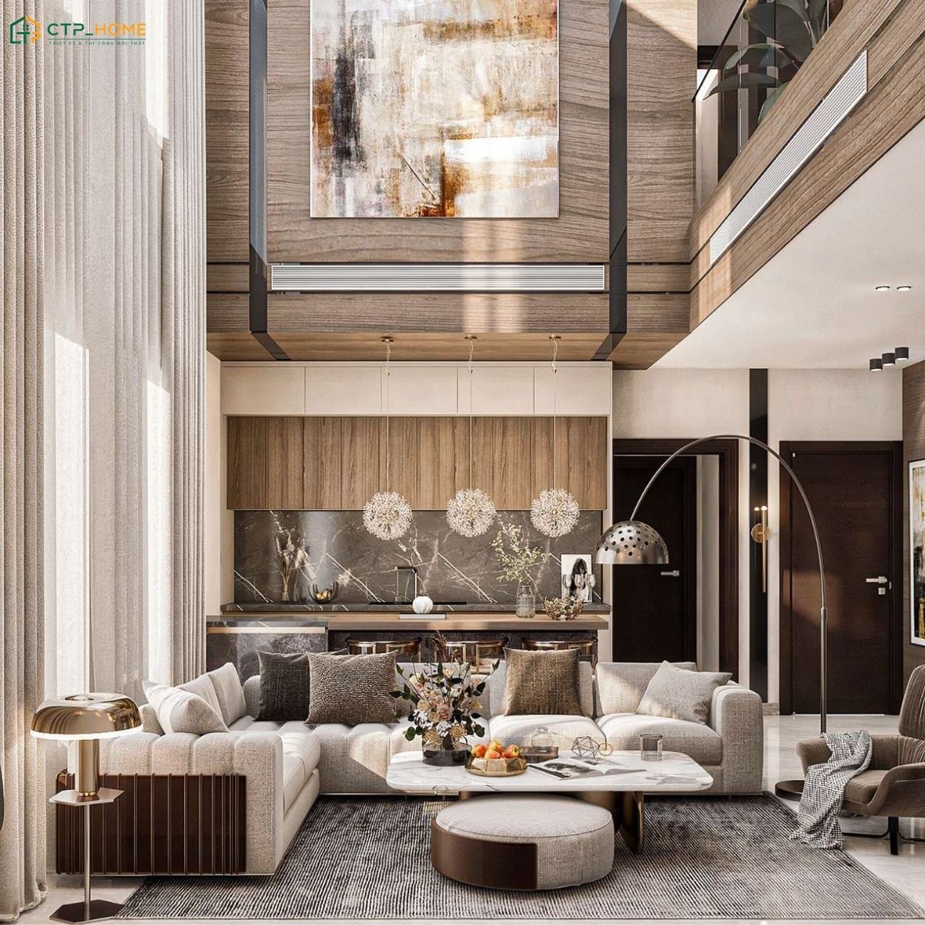 Mẫu thiết kế nội thất biệt thự thông tầng tân cổ điển thu hút sự chú ý bởi bố cục cân đối và gam màu trang nhã