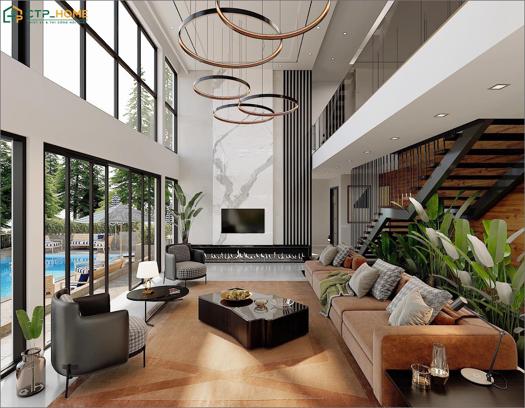 Mẫu thiết kế nội thất biệt thự thông tầng kết hợp cây xanh sẽ tạo cảm giác gần gũi hơn với thiên nhiên
