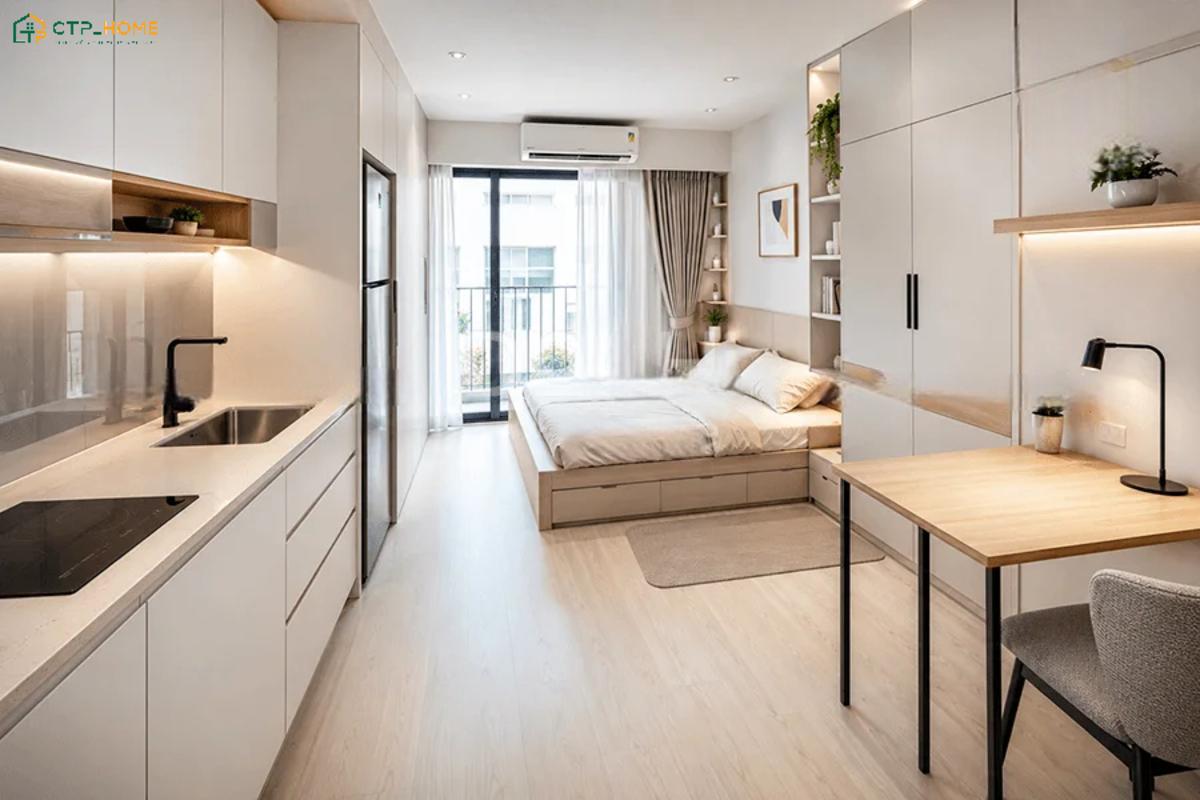 Các khu vực chức năng sẽ được bố trí theo chiều dọc để giúp mặt bằng căn hộ 15m2 kiểu nhà ống được khai thác hiệu quả