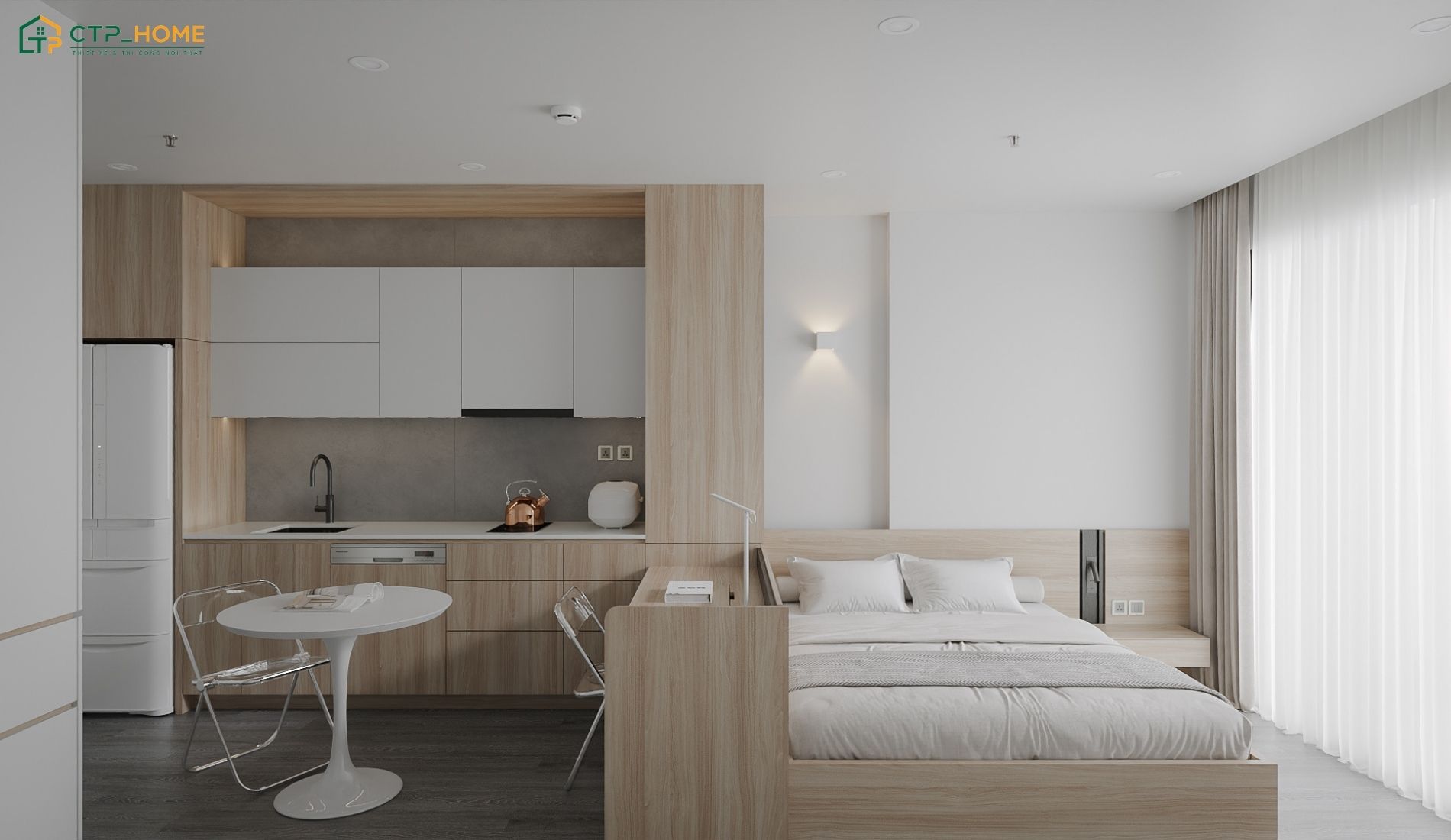 Mẫu thiết kế căn hộ mini 15m2 với giường ngủ có ngăn kéo thông minh giúp gia tăng không gian lưu trữ