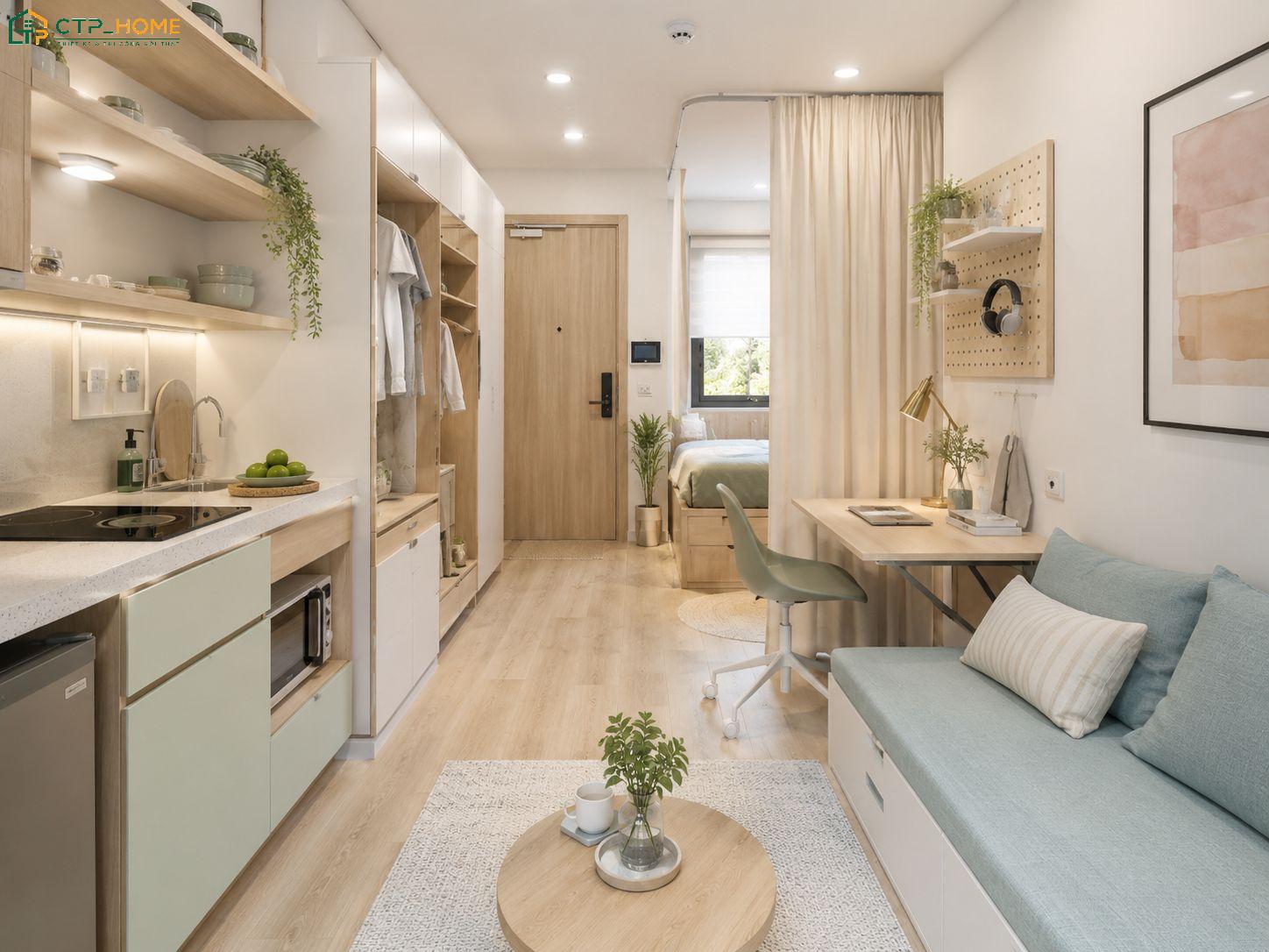 Căn hộ 15m2 thường ưu tiên nội thất gấp gọn để tối ưu diện tích mà đảm bảo sự tiện nghi khi sử dụng