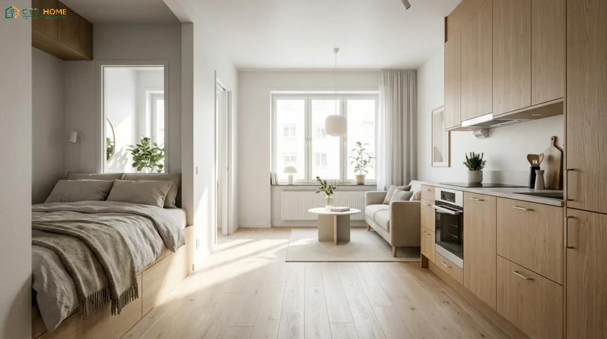 Mẫu thiết kế nội thất căn hộ mini 15m2 với nội thất đa năng giúp đáp ứng đầy đủ nhu cầu sử dụng hằng ngày