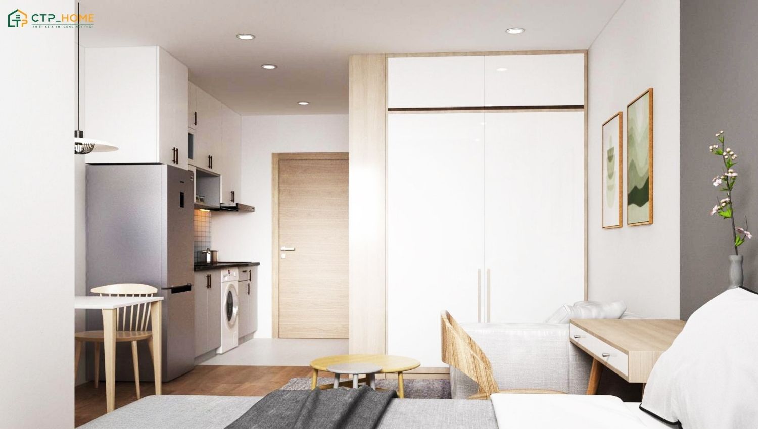 Cách bố trí nội thất vừa đủ sẽ giúp mẫu thiết kế nội thất căn hộ mini 15m2 tối giản trở nên tiện nghi hơn