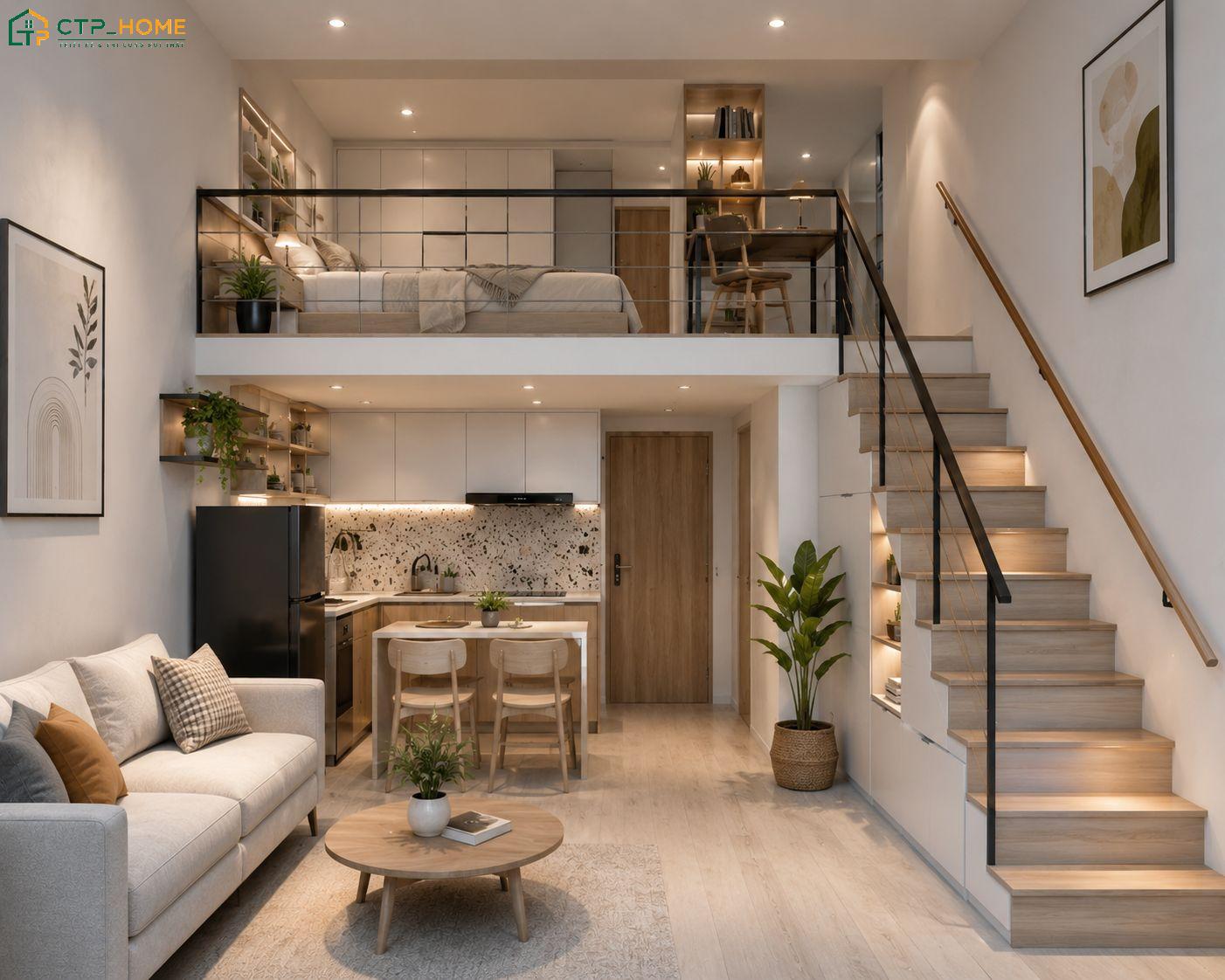 Mẫu thiết kế căn hộ mini 15m2 có gác lửng giúp tăng diện tích sử dụng mà vẫn giữa được sự thông thoáng