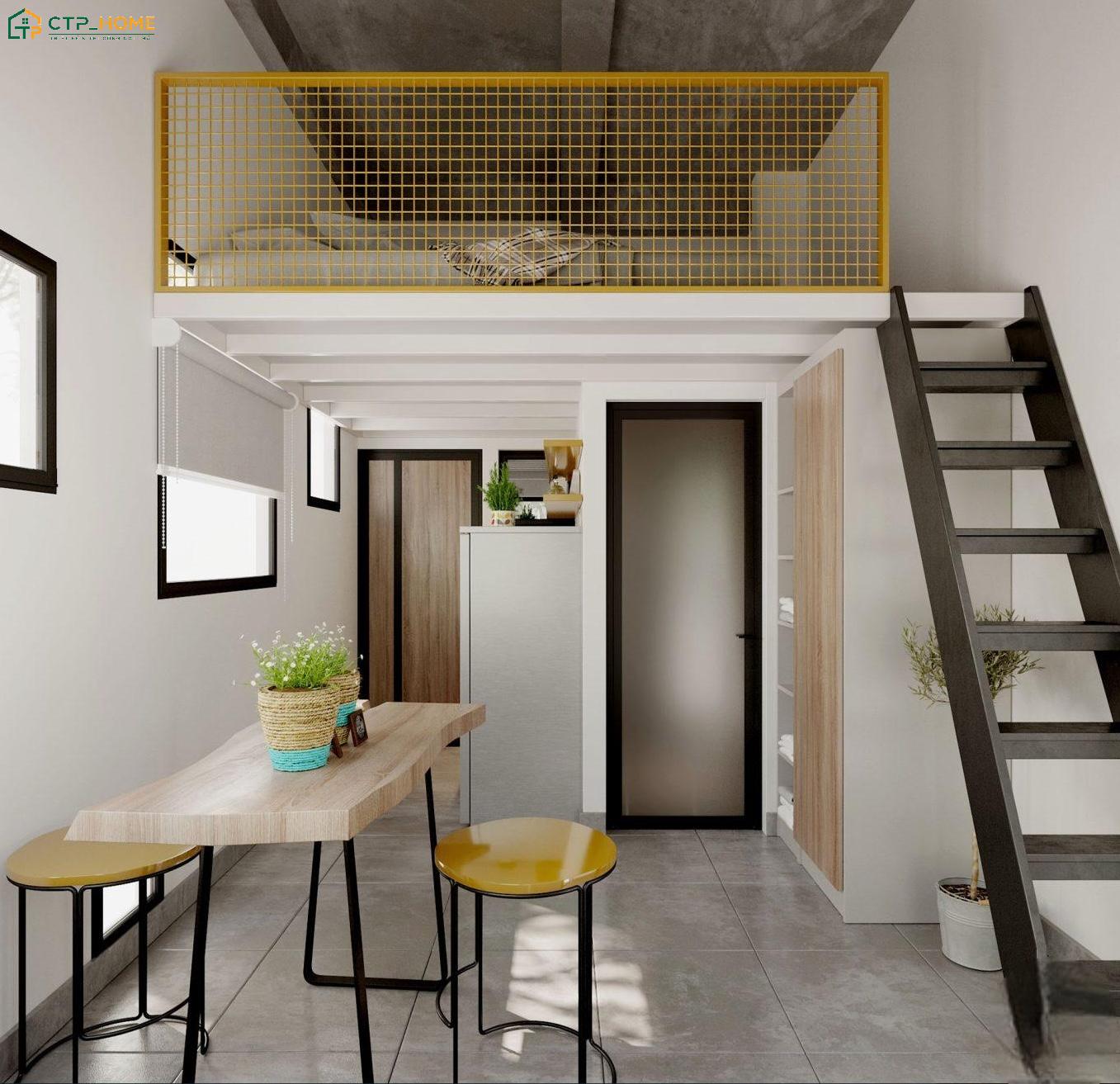 Thiết kế căn hộ mini 15m2 với gác lửng giúp tăng diện tích sử dụng mà không chiếm thêm diện tích sàn