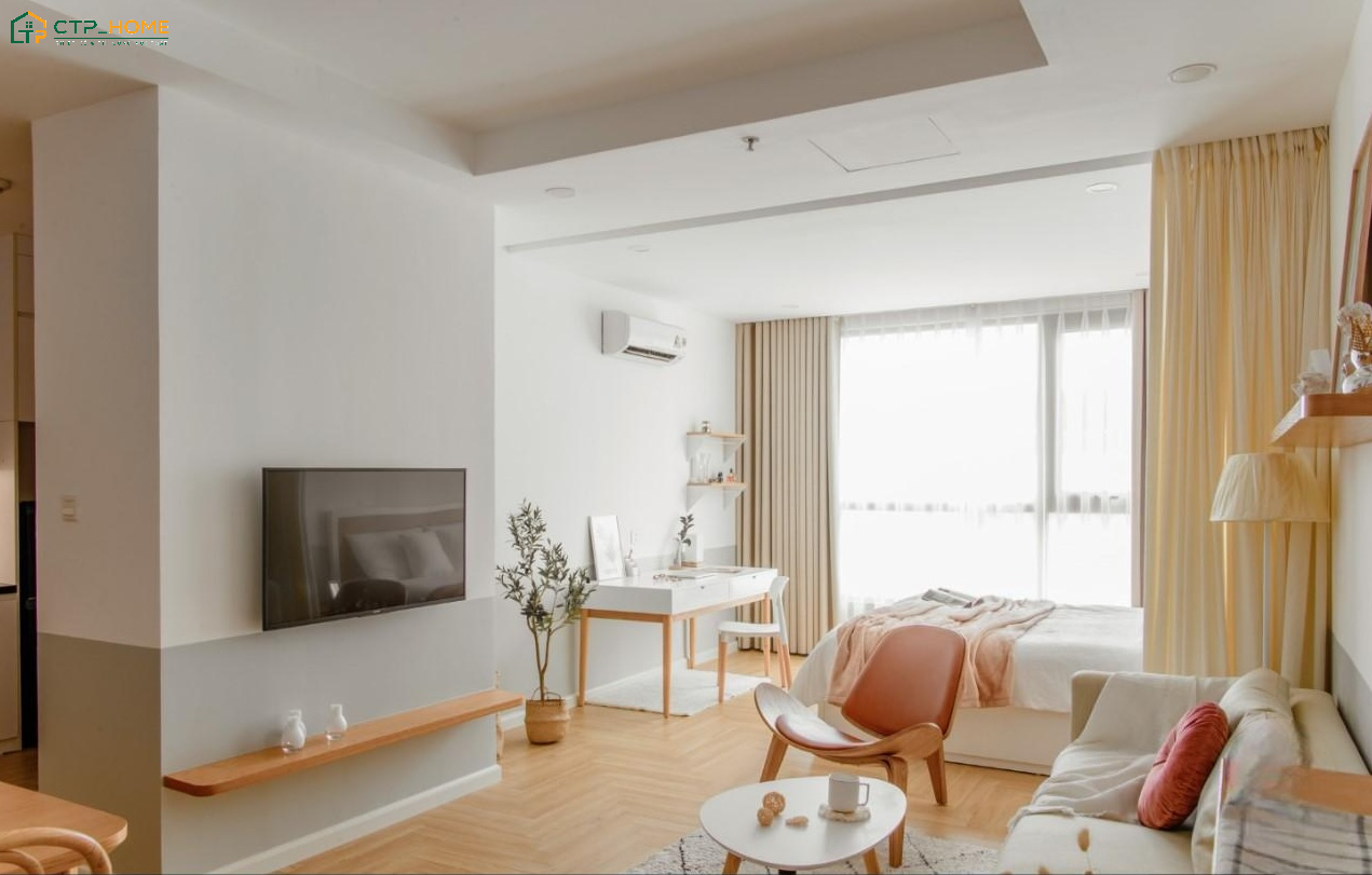 Kết nối các khu vực chức năng theo xu hướng mở giúp căn hộ mini 15m2 trở nên thông thoáng hơn
