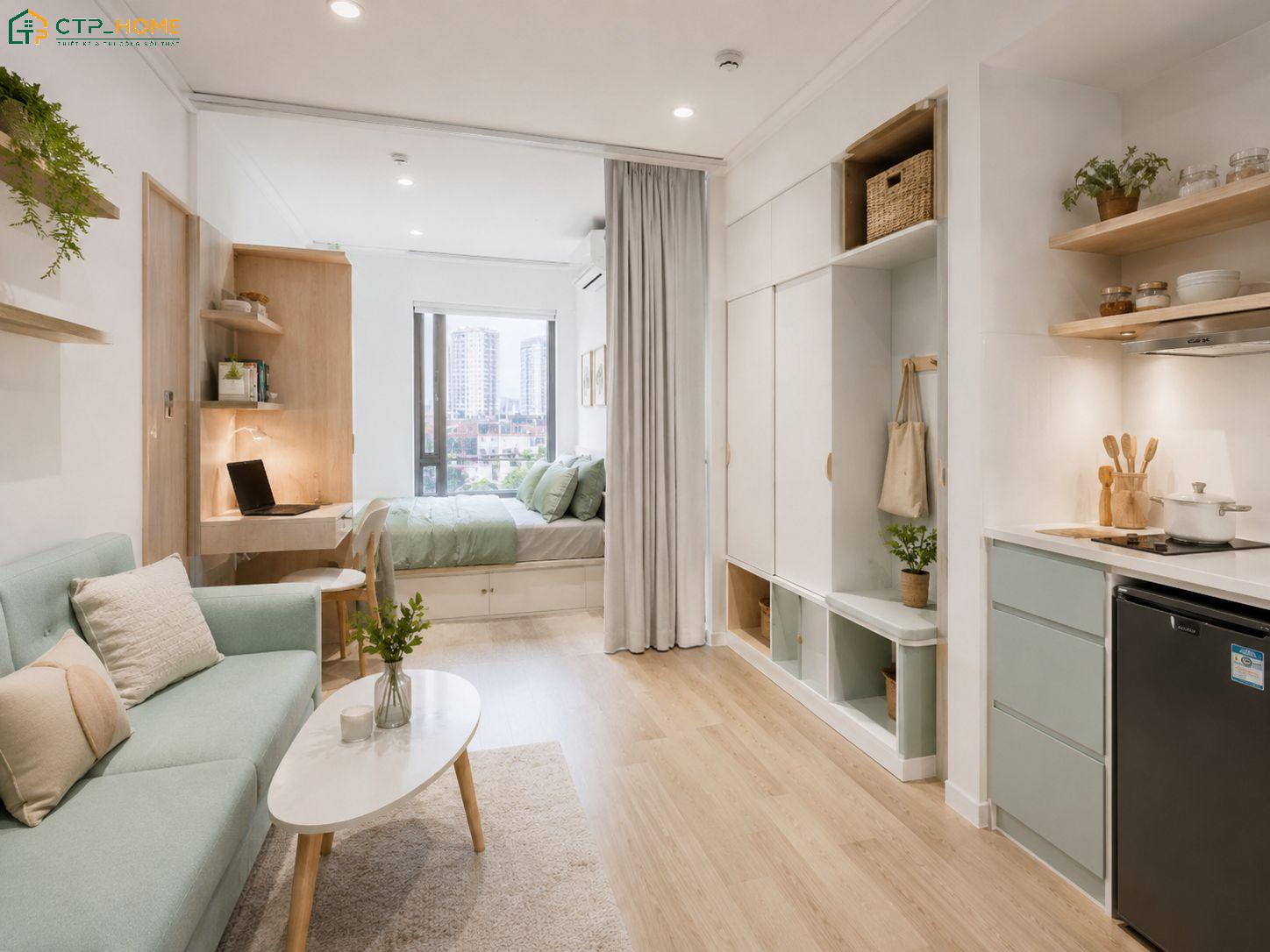 Thiết kế căn hộ mini 15m2 theo xu hướng không gian mở sẽ tạo cảm giác thông thoáng và rộng rãi hơn