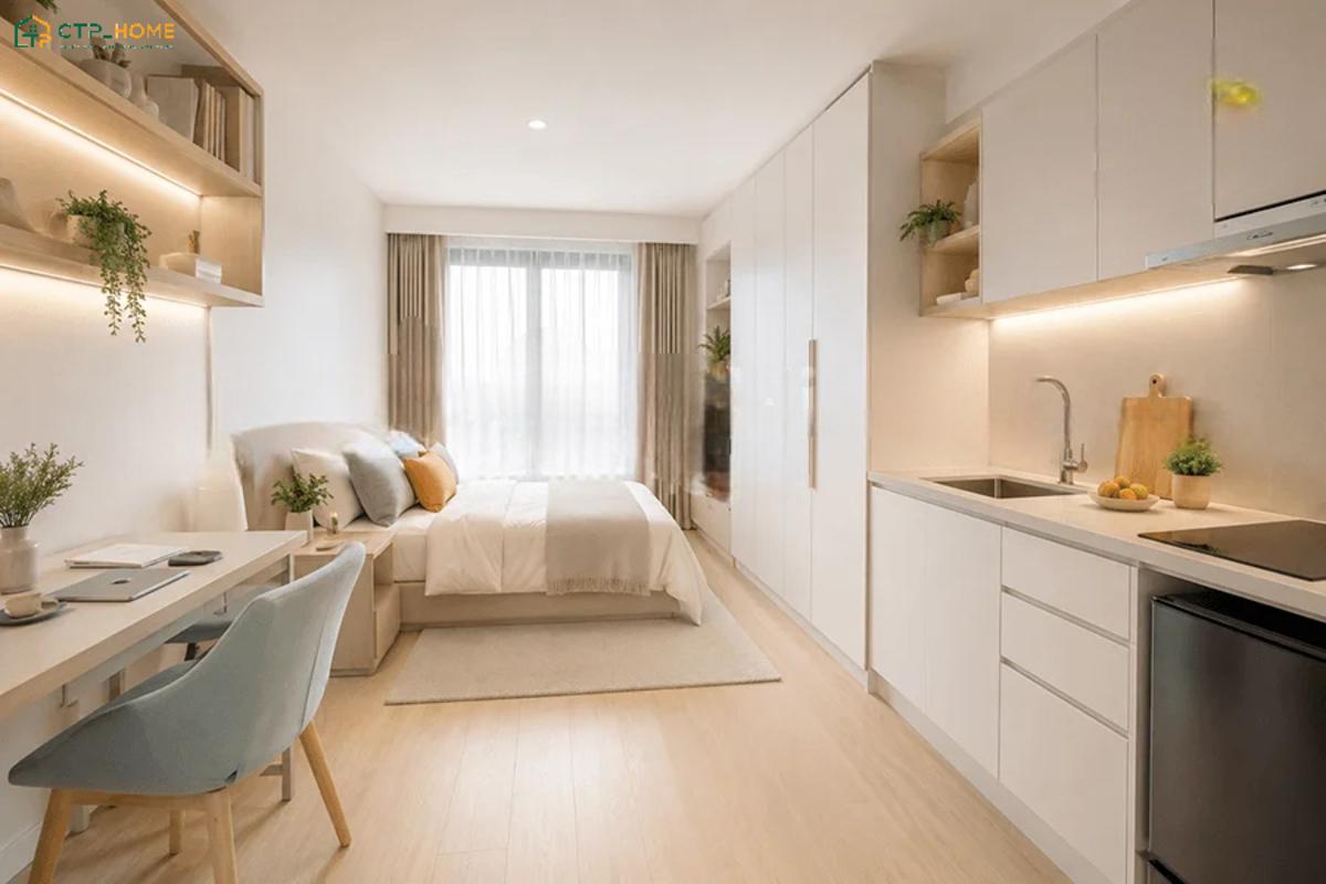 Việc sử dụng hệ tủ cao và kệ lưu trữ sát tường sẽ giúp tận dụng tối đa chiều cao cho căn hộ 15m2 kiểu nhà ống