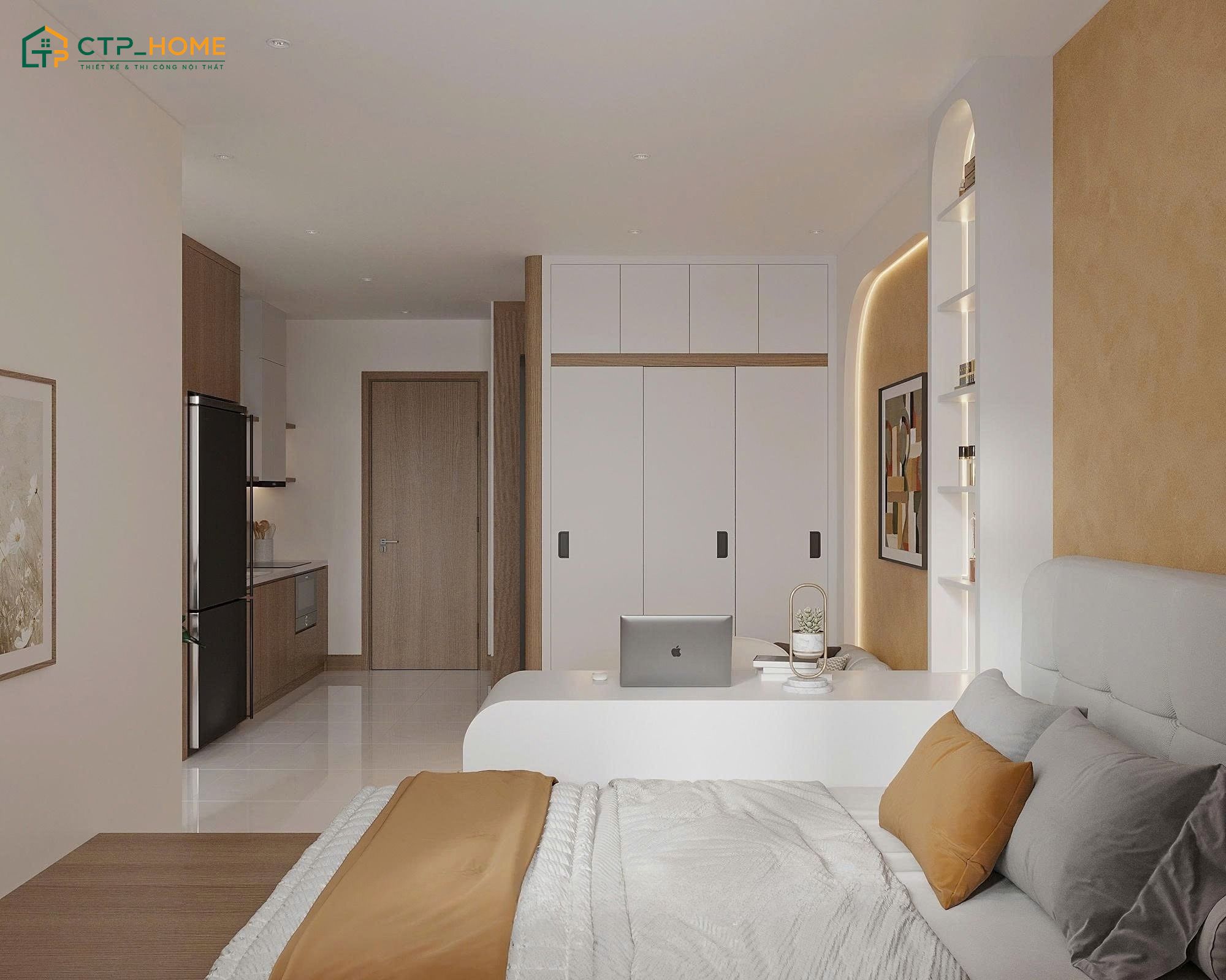 Mẫu thiết kế căn hộ mini 20m2 hiện đại thường sử dụng gam màu sáng như trắng, be, kem