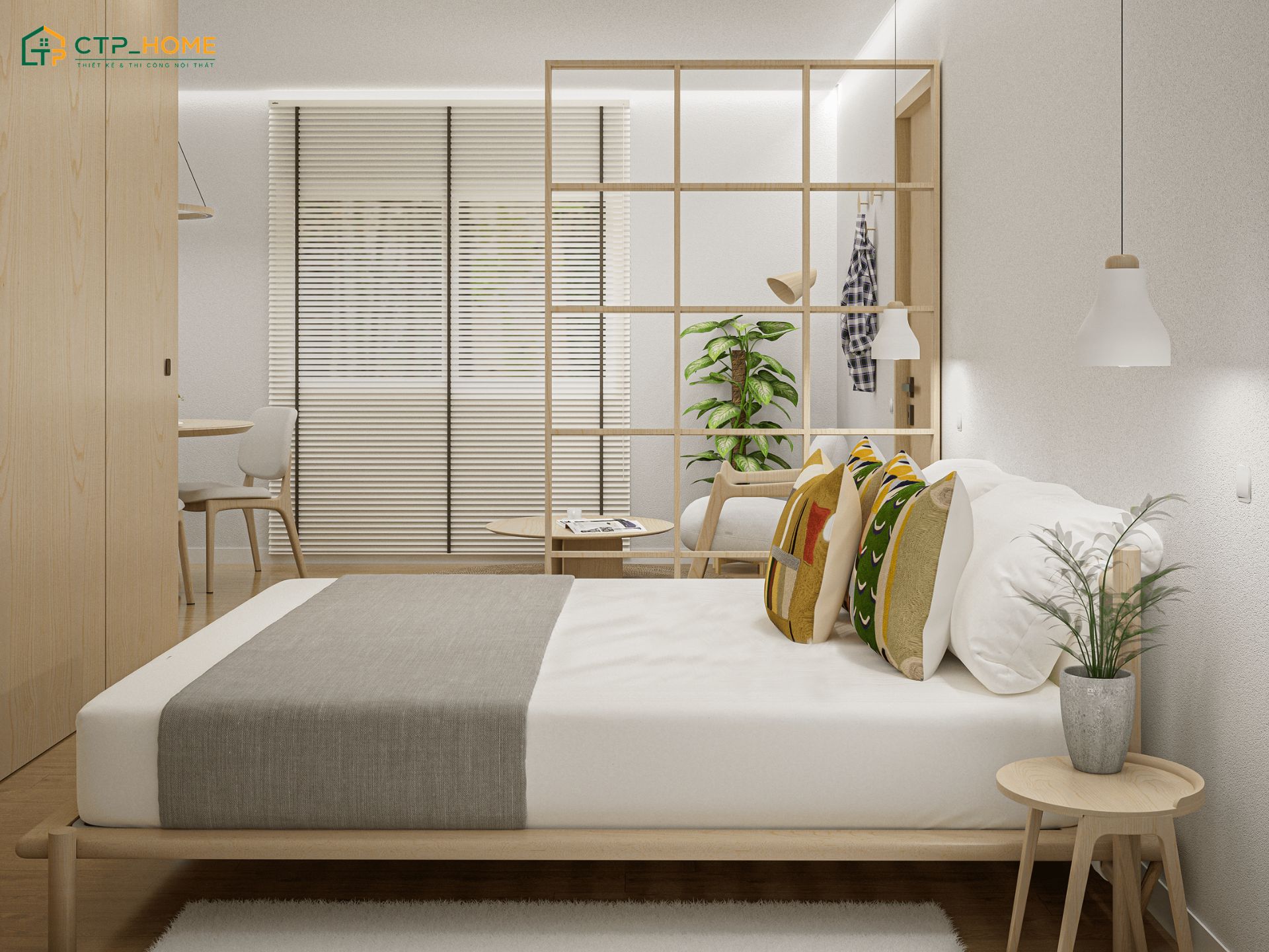 Phòng ngủ được thiết kế với bố cục hợp lý, tập trung vào nhu cầu nghỉ ngơi, thư giãn và lưu trữ