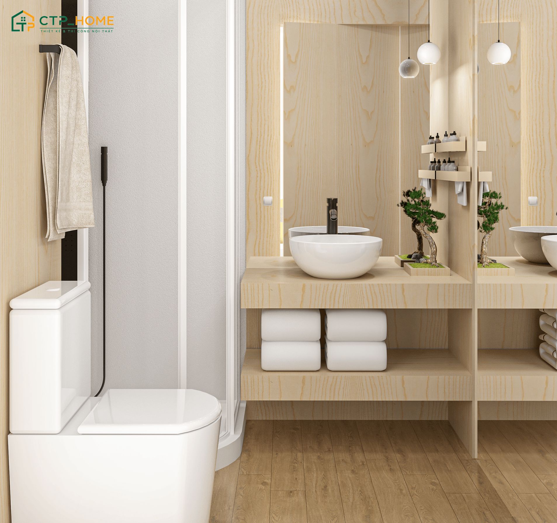 Không gian phòng tắm được bố trí đầy đủ các thiết bị vệ sinh cơ bản như bồn cầu, lavabo và vòi sen