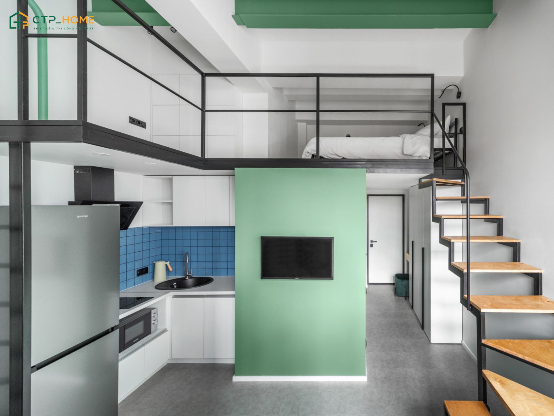 Mẫu thiết kế căn hộ mini 20m2 có gác lửng giúp gia tăng diện tích sử dụng mà vẫn đảm bảo sự thông thoáng