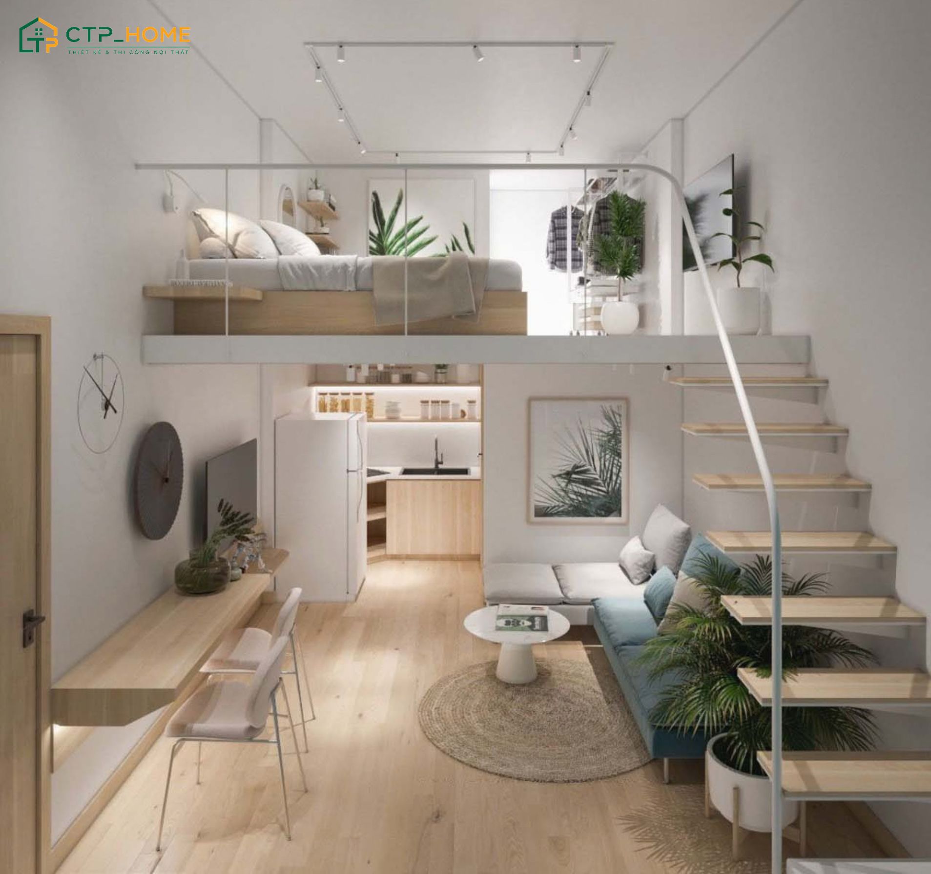 Mẫu thiết kế nội thất căn hộ Studio 20m2 có gác lửng làm phòng ngủ giúp đảm bảo sự riêng tư khi nghỉ ngơi