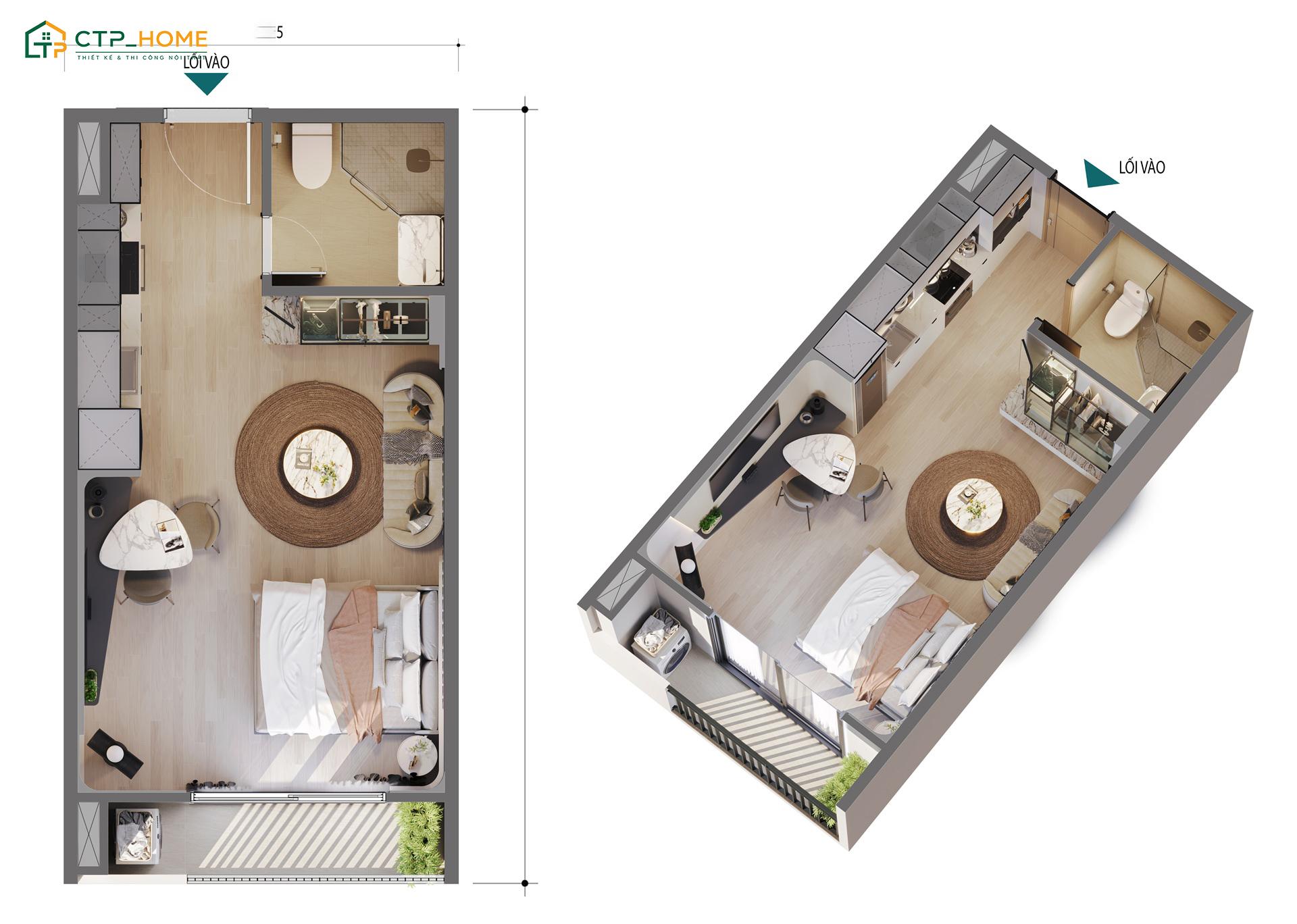 Mẫu thiết kế căn hộ mini 25m2 1 phòng ngủ được bố trí khoa học giúp đáp ứng đầy đủ công năng cơ bản