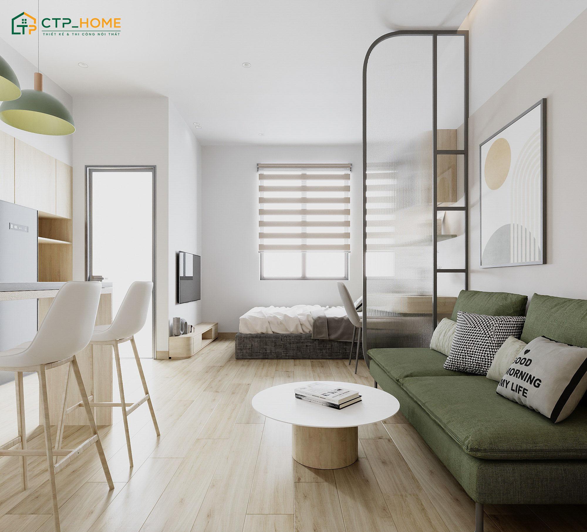 Khu vực phòng khách và bếp sẽ không sử dụng vách ngăn mà được phân chia khéo léo bằng màu sắc