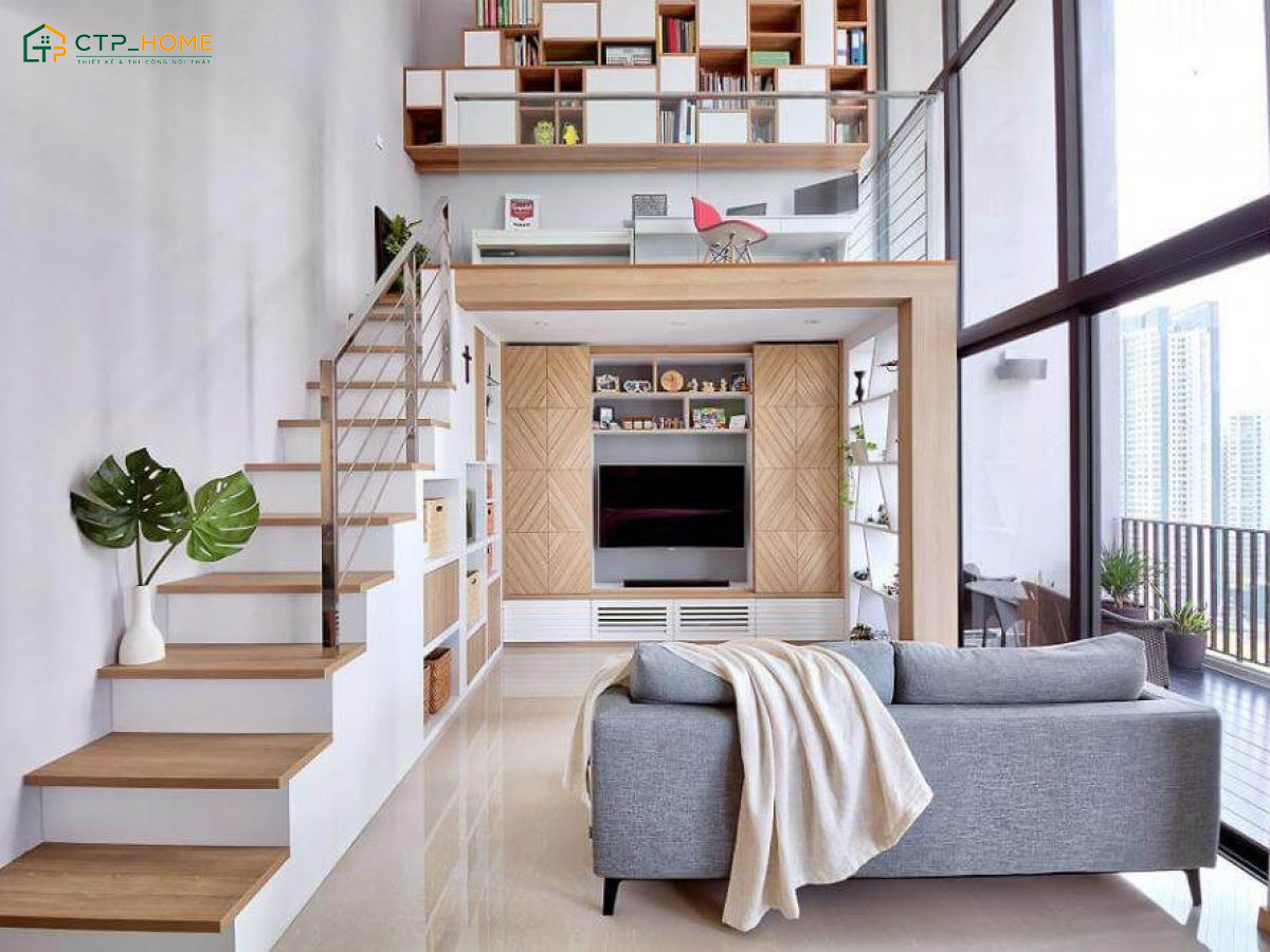 Phòng ngủ được đặt ở gác xếp để vừa đảm bảo sự riêng tư vừa tăng tính thẩm mỹ cho căn hộ 25m2