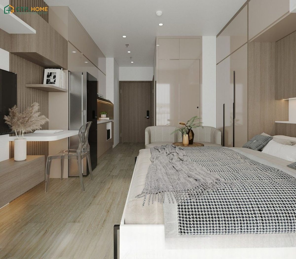 Mẫu thiết kế căn hộ mini 25m2 hiện đại thường ưu tiên nội thất thông minh để tiết kiệm diện tích