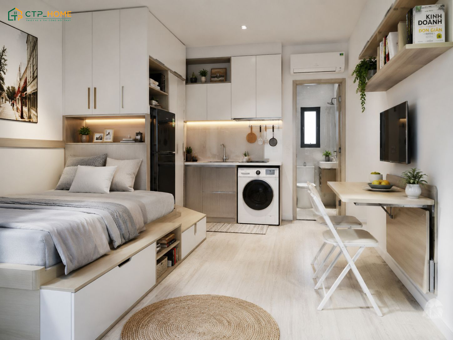 Thiết kế căn hộ nhỏ 25m2 theo phong cách tối giản giúp tiết kiệm tối đa diện tích sử dụng