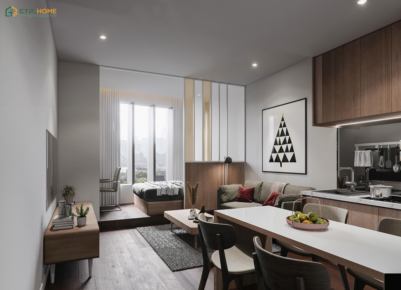Việc sử dụng đèn âm trần và đèn hắt sáng sẽ giúp tạo chiều sâu cho căn hộ mini 25m2 Luxury