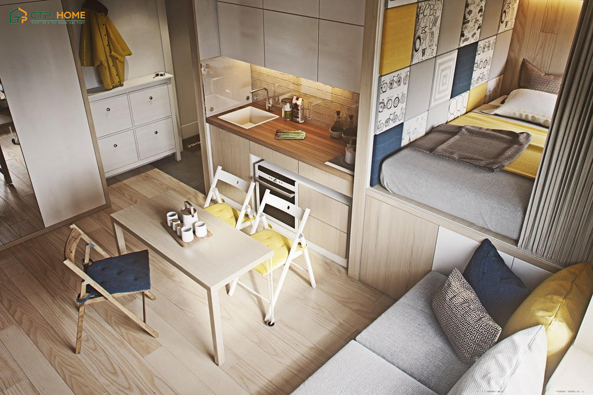 Việc tận dụng tối đa nguồn ánh sáng tự nhiên sẽ giúp cho căn hộ mini 25m2 trở nên tươi mới hơn