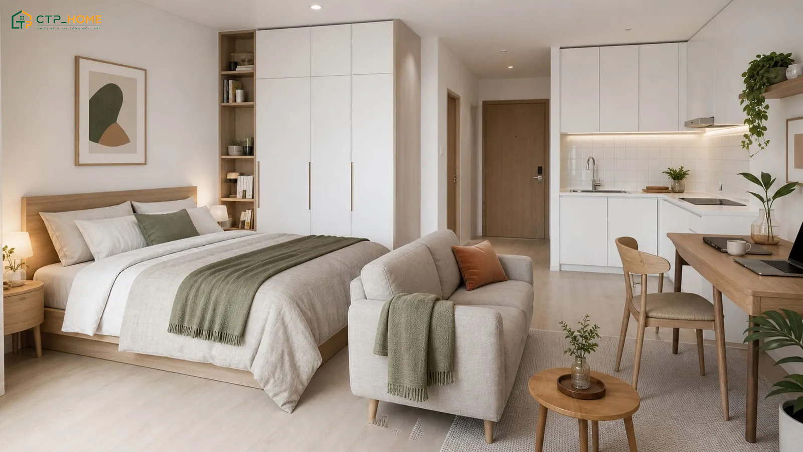 Thiết kế căn hộ nhỏ 25m2 với cây xanh trang trí sẽ tạo cảm giác thư thái và dễ chịu hơn