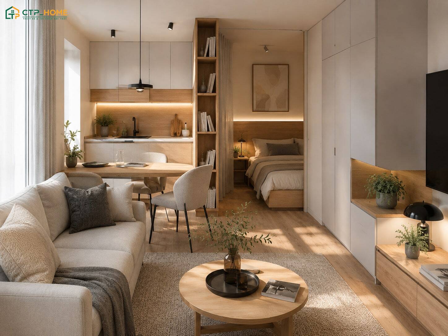Căn hộ Studio Vintage 30m2 sẽ sử dụng các gam màu trầm ấm để mang đến cảm giác ấm cúng hơn