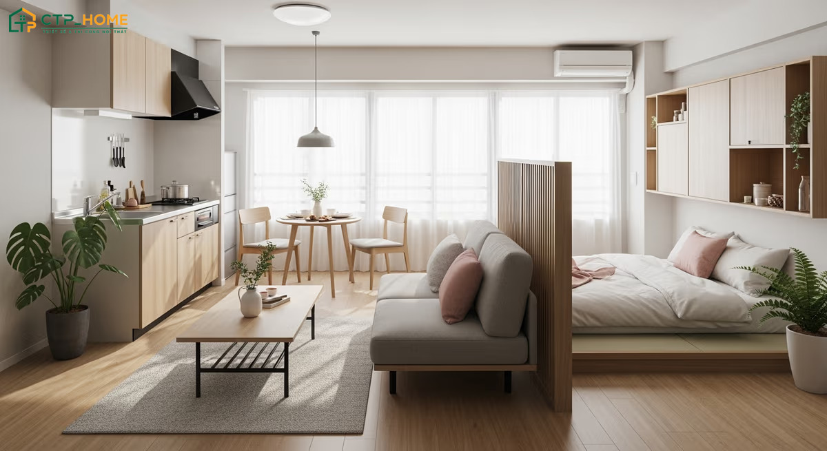 Mẫu thiết kế nội thất căn hộ Studio 30m2 Vintage thường ưu tiên nội thất gỗ cùng đồ decor hơi hướng cổ điển