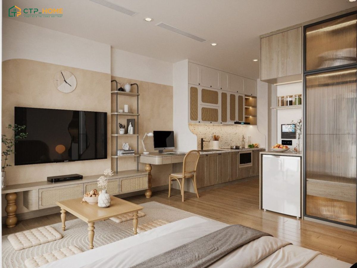 Mẫu thiết kế căn hộ Studio 30m2 thường ưu tiên các chất liệu tự nhiên cùng gam màu trầm ấm