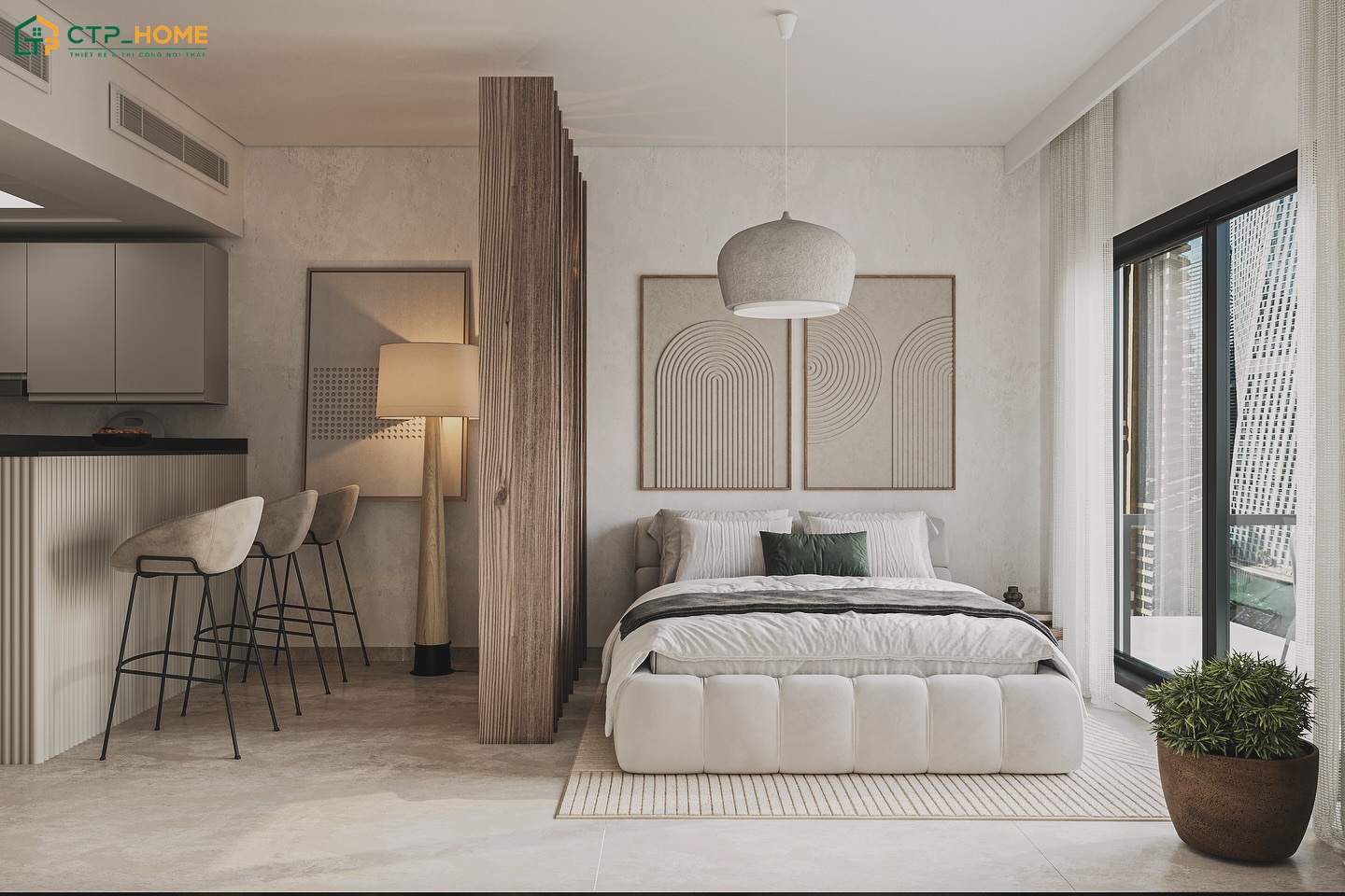 Căn hộ Studio 30m2 Wabi Sabi sẽ sử dụng nội thất gỗ tự nhiên để đem đến cảm giác gần gũi hơn