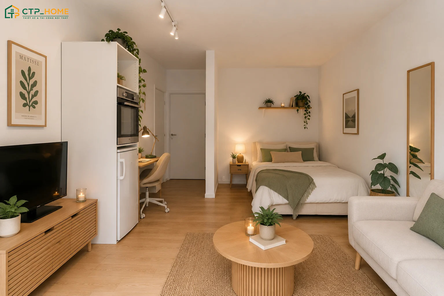 Phòng khách căn hộ Studio 30m2 sẽ được thiết kế tối giản để đảm bảo sự thoải mái khi sử dụng