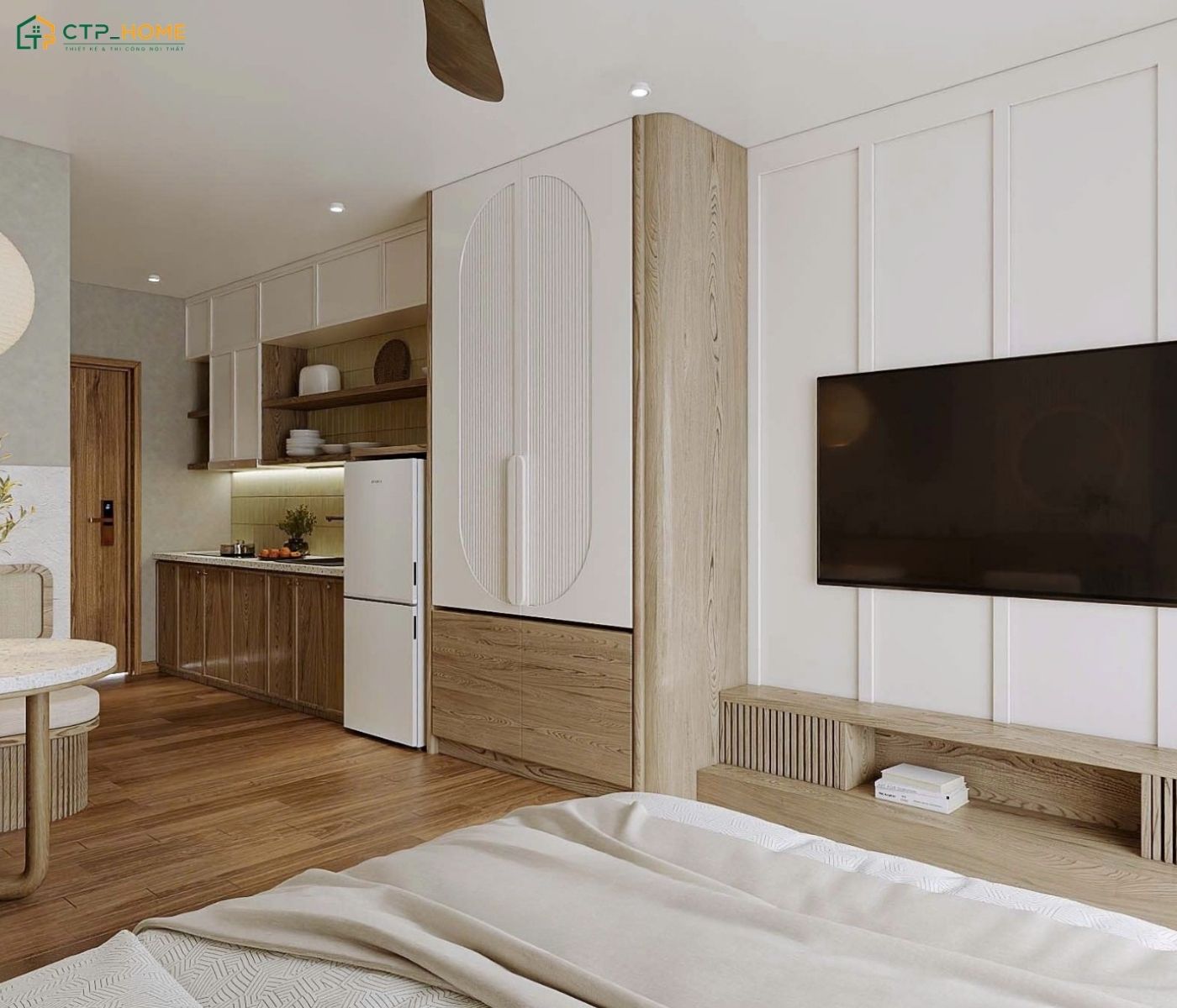 Phòng bếp căn hộ Studio 30m2 sẽ ưu tiên cách bố trí gọn gàng để tạo sự thuận tiện khi nấu nướng