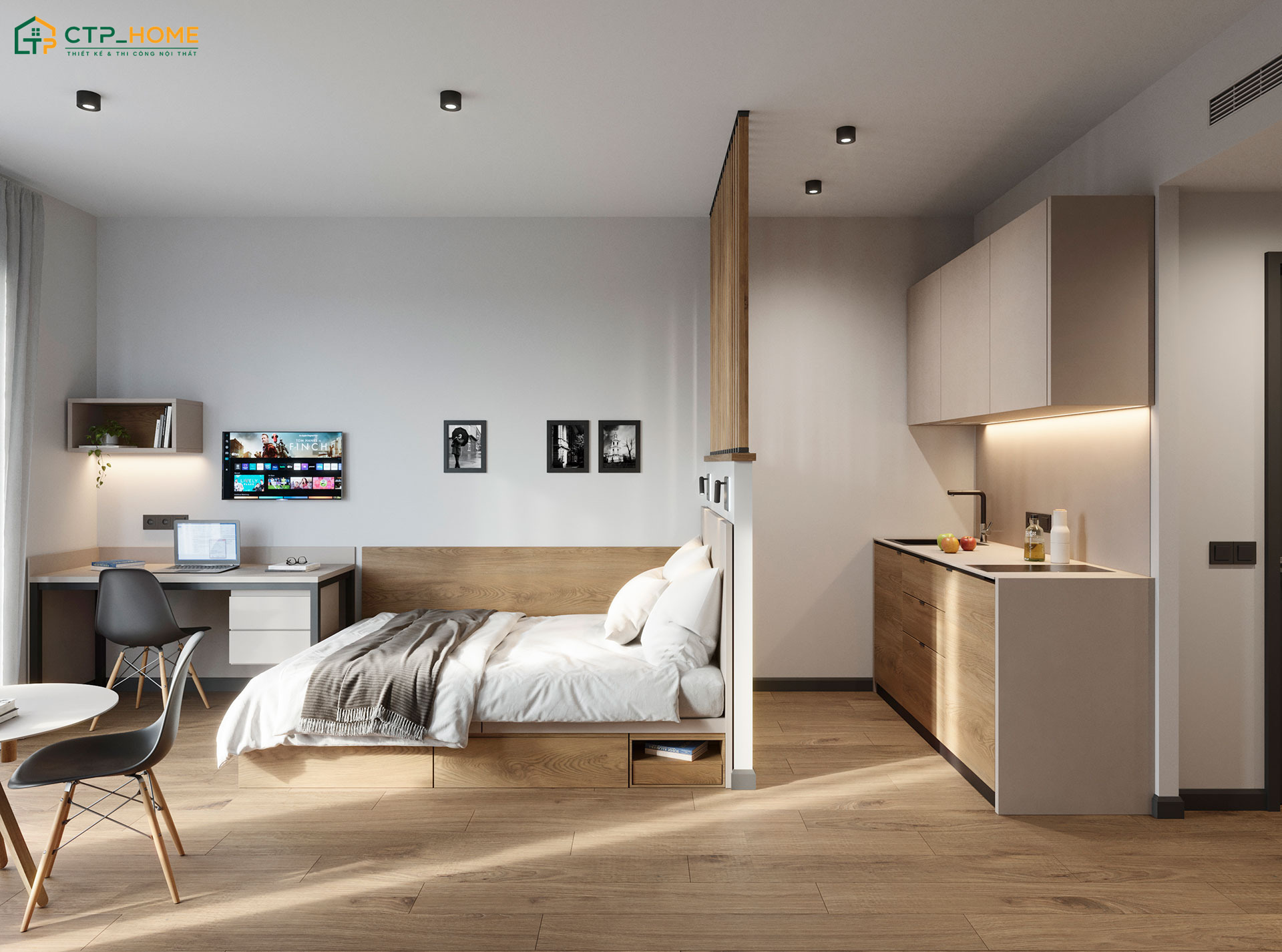 Phòng ngủ căn hộ Studio 30m2 sẽ được bố trí hài hoà để đáp ứng tốt nhu cầu nghỉ ngơi hằng ngày