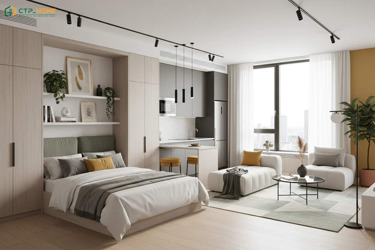 Khi thiết kế nội thất nhà 30m2 thì gia chủ nên tận dụng chiều cao bằng cách bố trí hệ tủ kịch trần