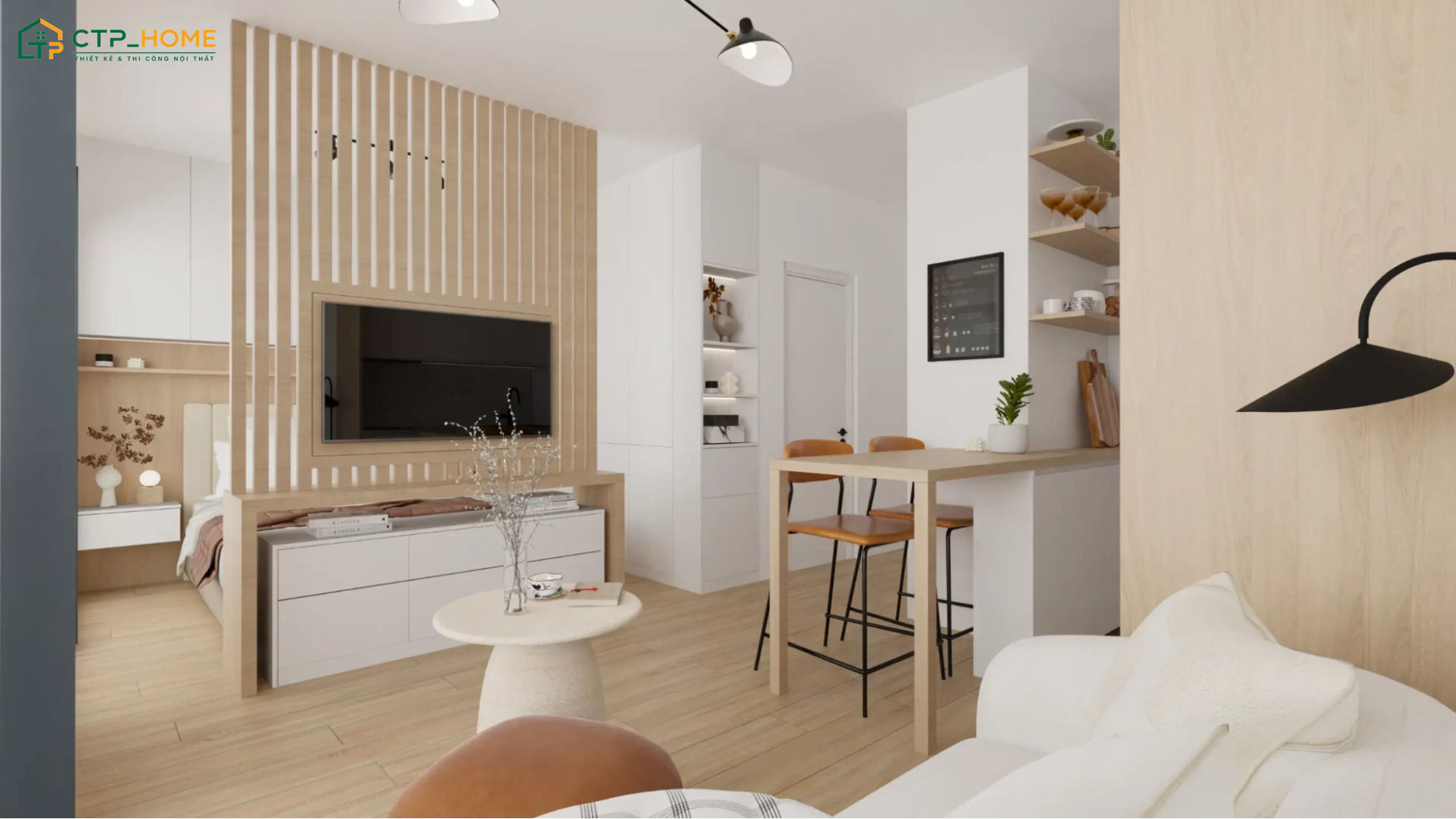 Những khoảng trống trong căn hộ Studio 30m2 nên được bố trí thành góc làm việc hoặc tủ lưu trữ