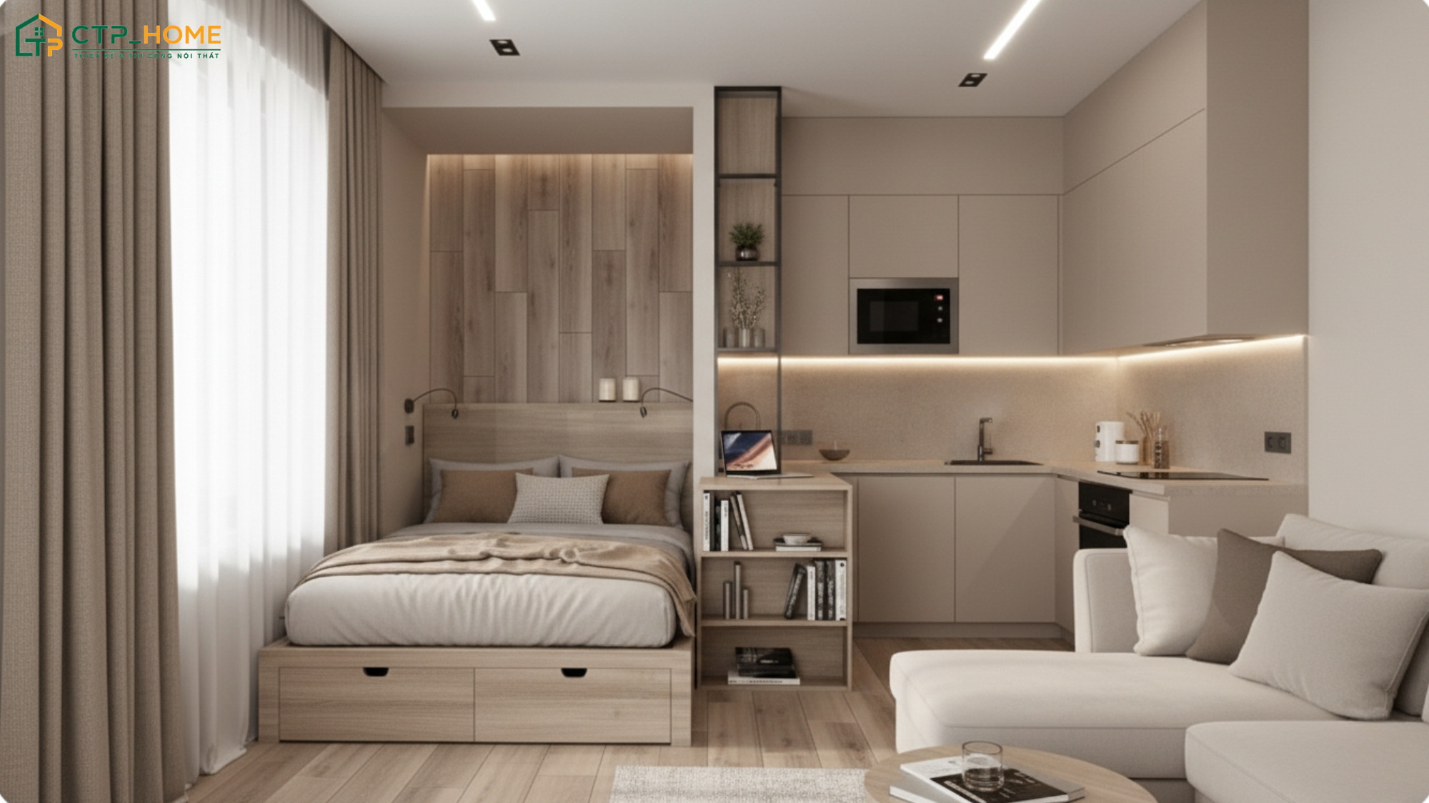 Bố trí giường có khoảng trống bên dưới giúp gia tăng diện tích lưu trữ mà vẫn đảm bảo sự gọn gàng