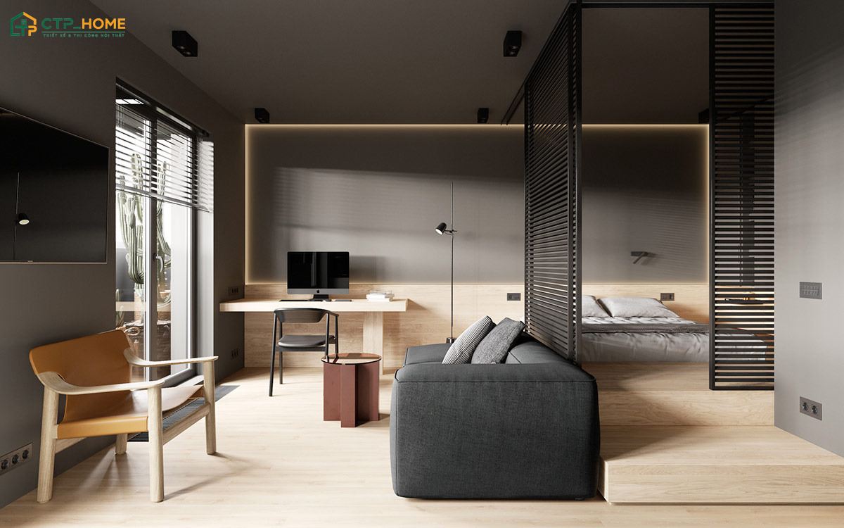 Khu vực nghỉ ngơi trong căn hộ Studio 30m2 sẽ được phân tách bằng nội thất hoặc vách ngăn