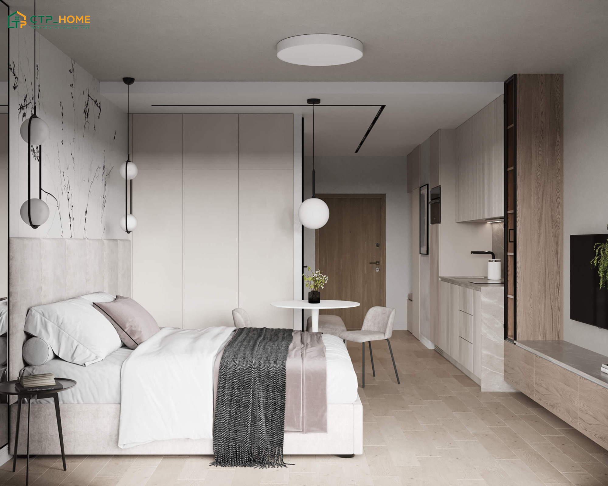 Mẫu thiết kế nội thất căn hộ Studio 30m2 sẽ kết hợp các gam màu trung tính để đảm bảo sự hài hòa
