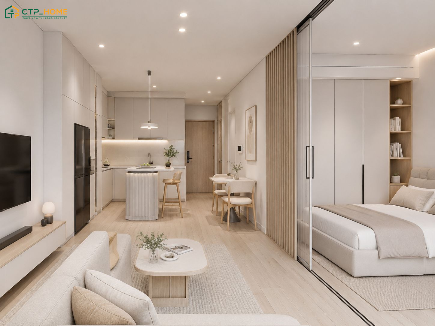 Mẫu thiết kế căn hộ Studio 30m2 Bắc Âu sẽ sử dụng nội thất tối giản cùng các chi tiết trang trí nhẹ nhàng
