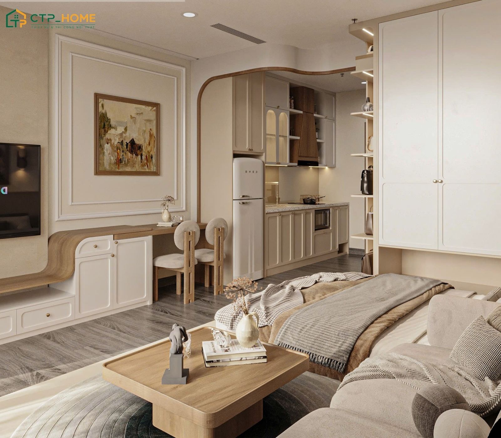 Mẫu thiết kế căn hộ Studio 35m2 kiểu Nhật sẽ phù hợp với những gia đình yêu thích vẻ đẹp nhẹ nhàng